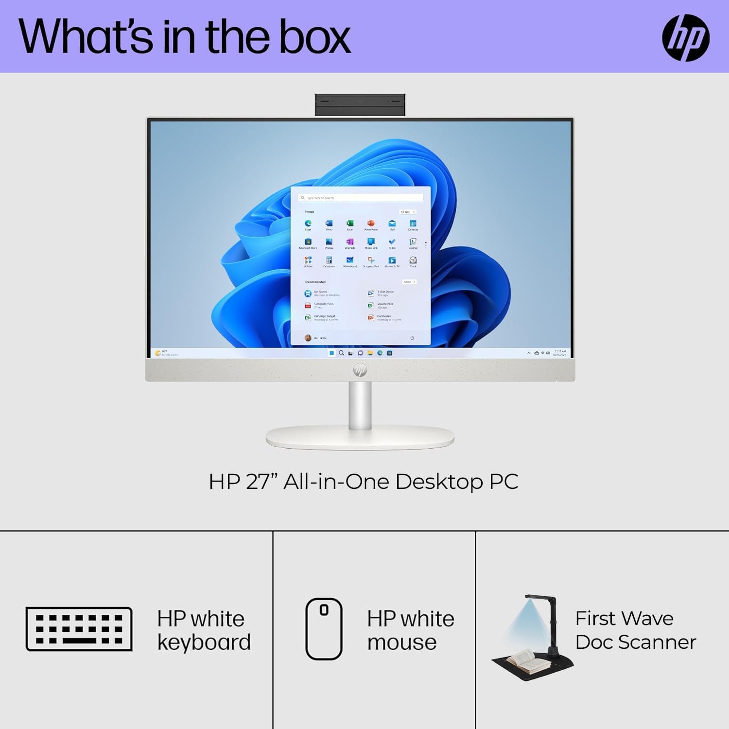 HP All-in-One Desktop PC – Intel Core i7-1355U | 16GB RAM | 512GB SSD | 27" Full HD Display | Windows 11 Pro | White | Includes First Wave USB Document Scanner with OCR