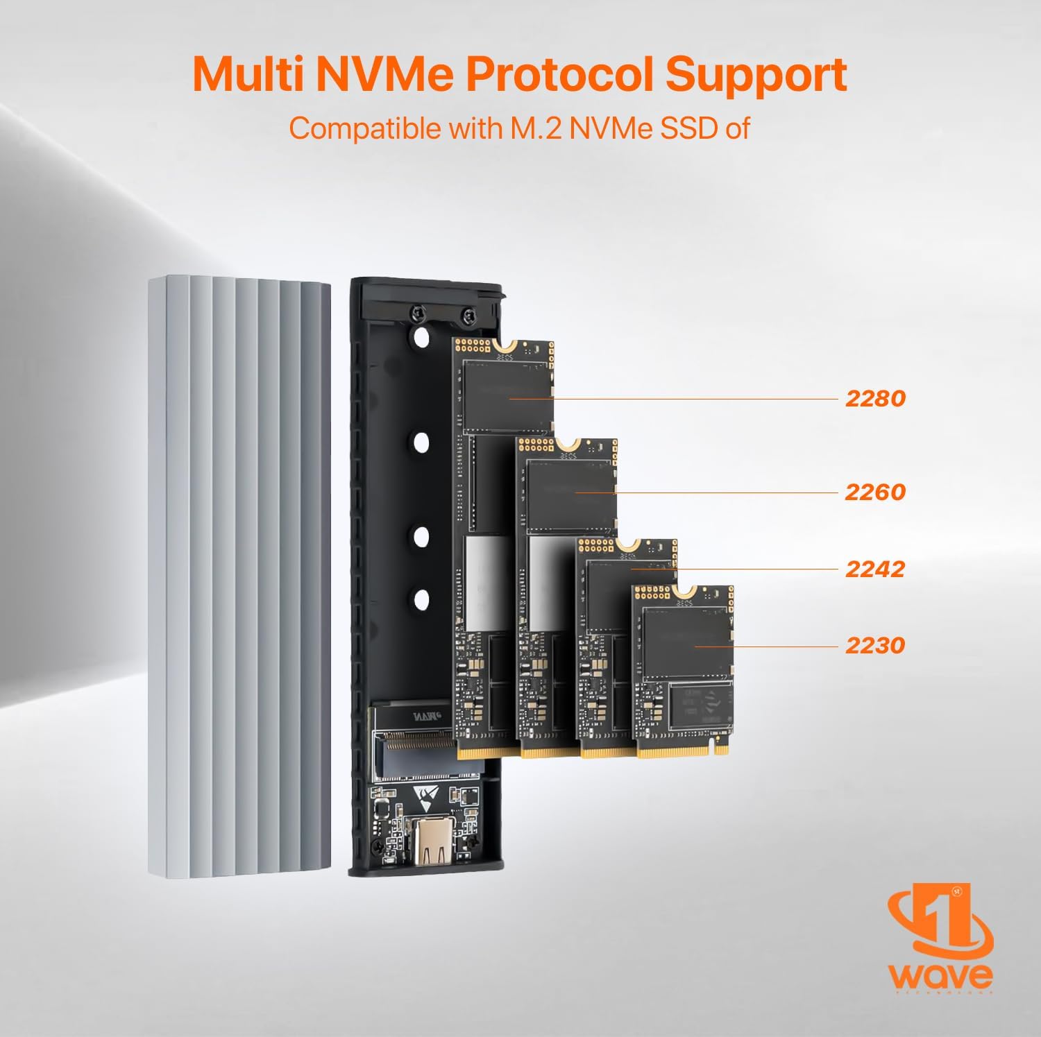 First Wave ArmorDrive NVMe Enclosure – Tool-Free M.2 PCIe SSD Adapter, USB 3.2 Gen 2 Type-C, LED Indicator, Metal Body with Rubber Casing for M.2 2230/2242/2260/2280 SSDs, Silver Tangerine