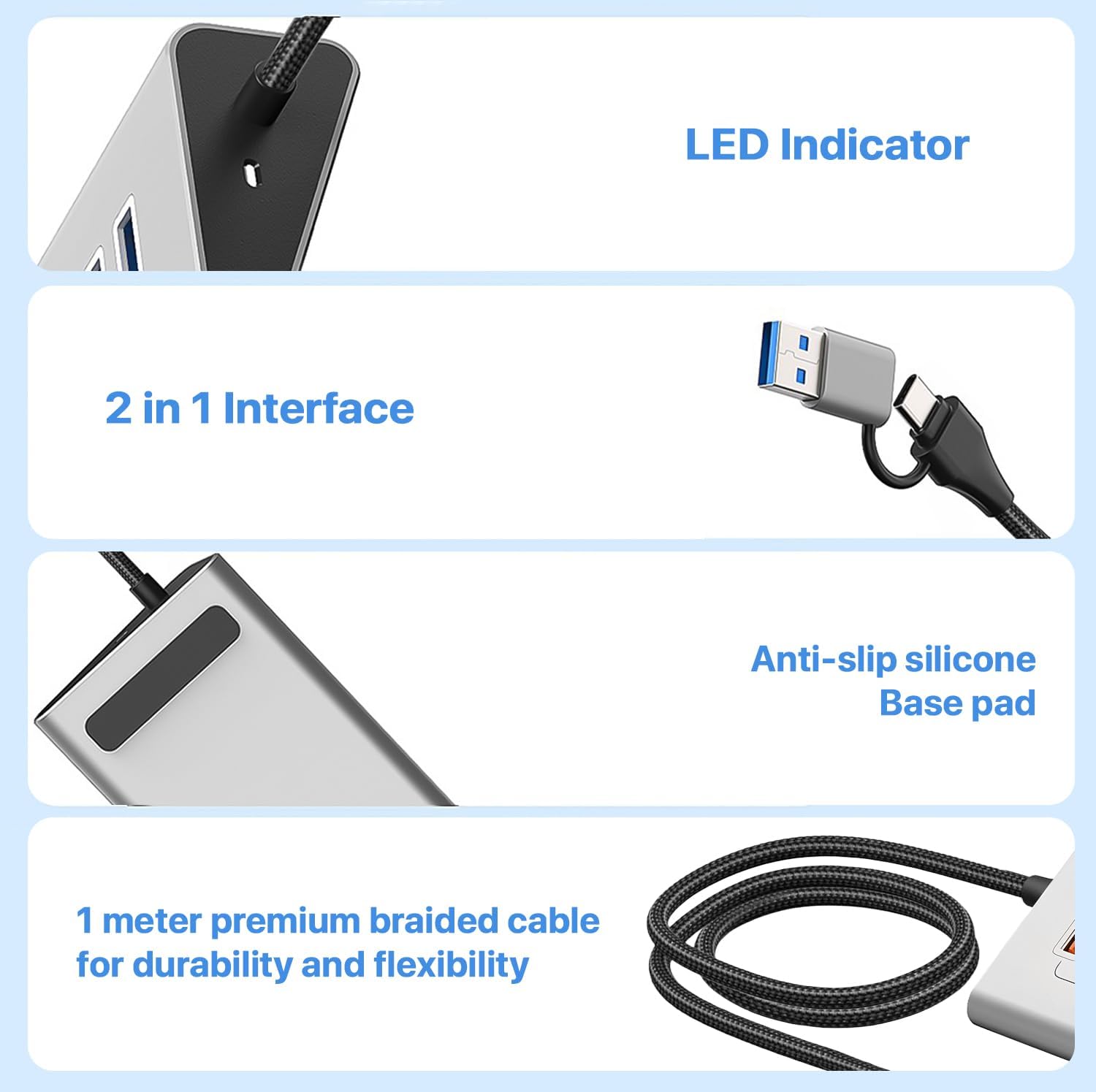 First Wave DeskHub 7-in-1 USB-C Hub – 10Gbps USB 3.2 Gen 2, Aluminum, USB-A Cap, 1m Braided Cable, Hot-Swap, Plug & Play, Over-Voltage & Over-Current Protection, for Laptop, PC, MacBook, Lunar Silver