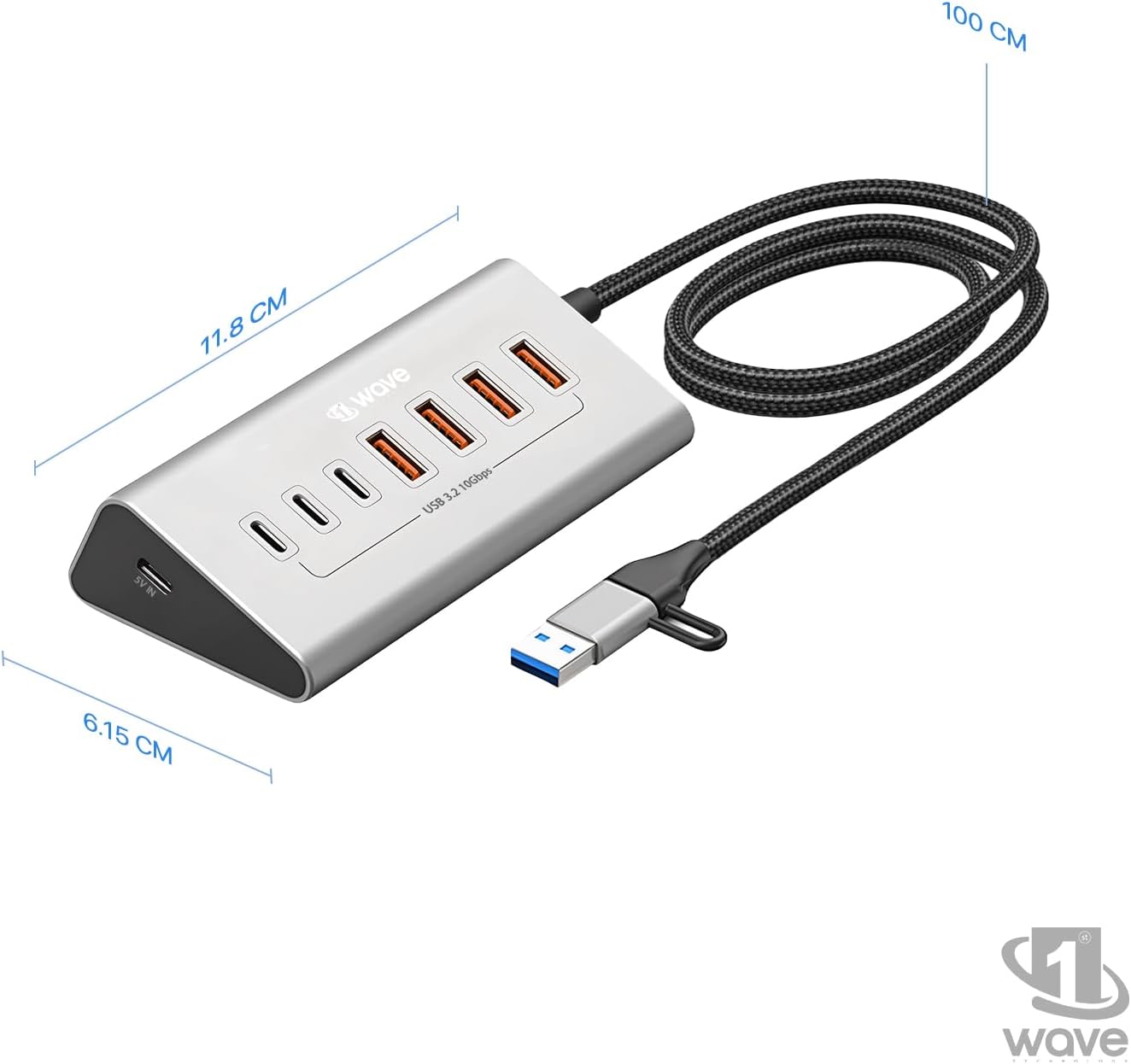 First Wave DeskHub 7-in-1 USB-C Hub – 10Gbps USB 3.2 Gen 2, Aluminum, USB-A Cap, 1m Braided Cable, Hot-Swap, Plug & Play, Over-Voltage & Over-Current Protection, for Laptop, PC, MacBook, Lunar Silver
