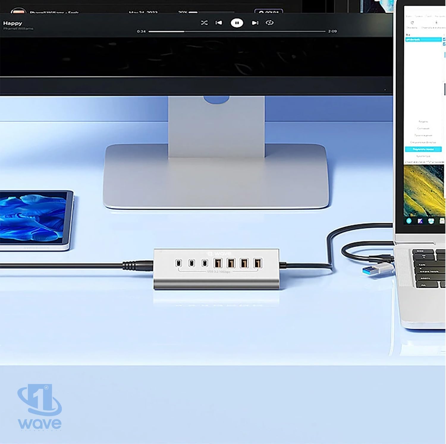 First Wave DeskHub 7-in-1 USB-C Hub – 10Gbps USB 3.2 Gen 2, Aluminum, USB-A Cap, 1m Braided Cable, Hot-Swap, Plug & Play, Over-Voltage & Over-Current Protection, for Laptop, PC, MacBook, Lunar Silver