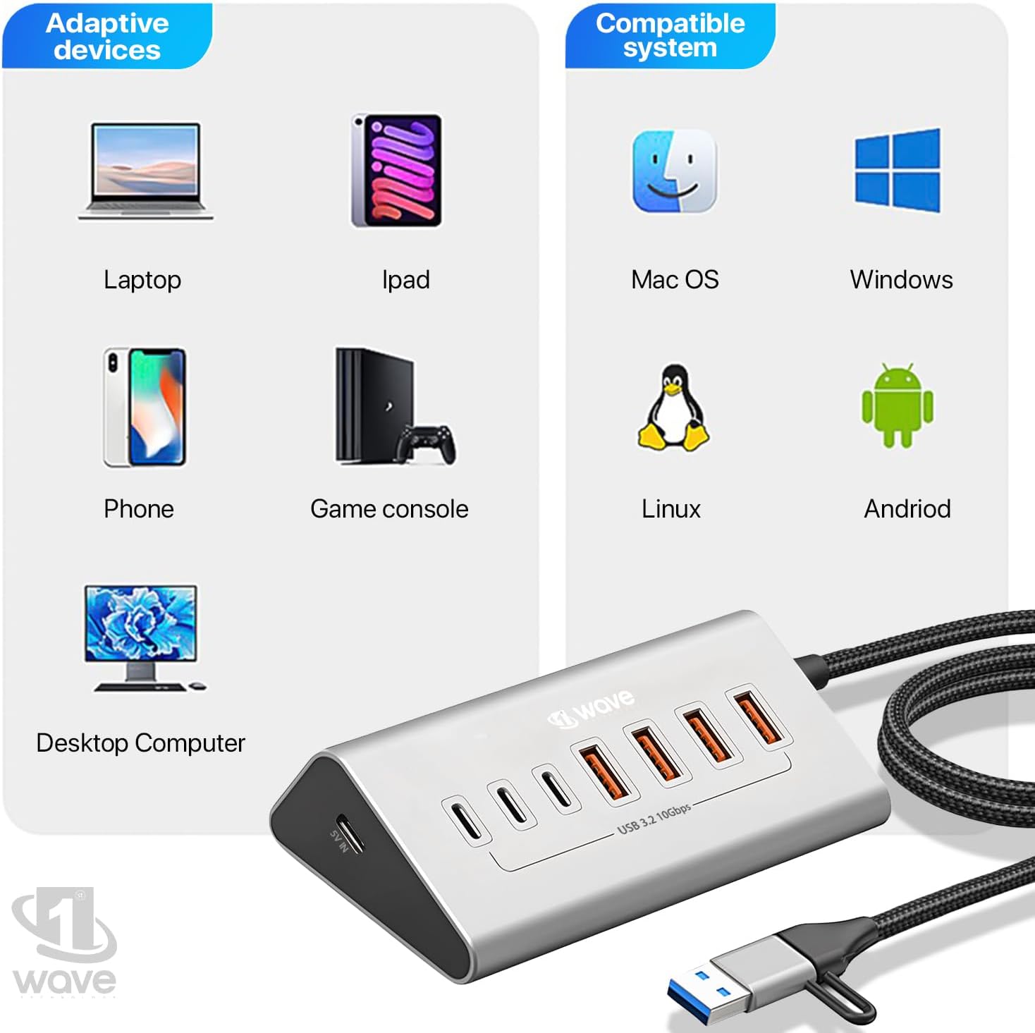First Wave DeskHub 7-in-1 USB-C Hub – 10Gbps USB 3.2 Gen 2, Aluminum, USB-A Cap, 1m Braided Cable, Hot-Swap, Plug & Play, Over-Voltage & Over-Current Protection, for Laptop, PC, MacBook, Lunar Silver