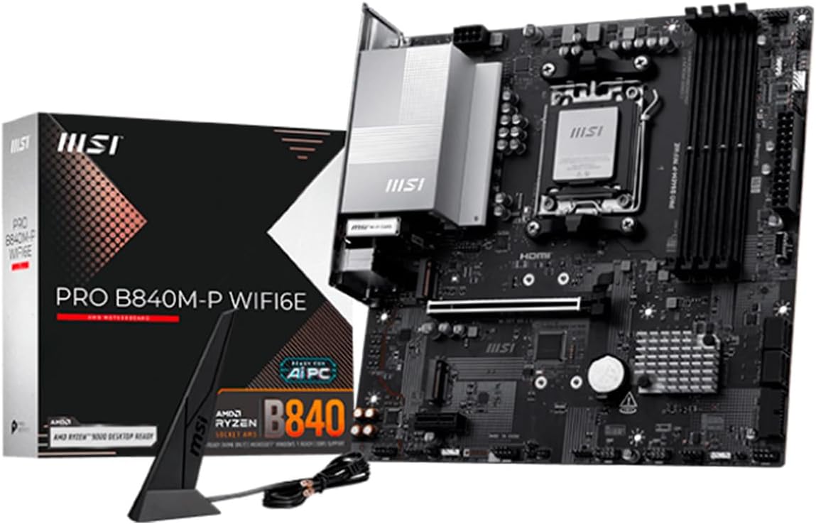 MSI PRO B840M-P WIFI 6E AM5 DDR5 Micro-ATX Motherboard – AMD B840 Chipset, DDR5 8000+ OC, PCIe 4.0 x16, Dual M.2 Gen4 NVMe, Wi-Fi 6E, Bluetooth 5.3, 2.5G LAN, HDMI 2.1, Ryzen 9000/8000/7000 Ready MSI