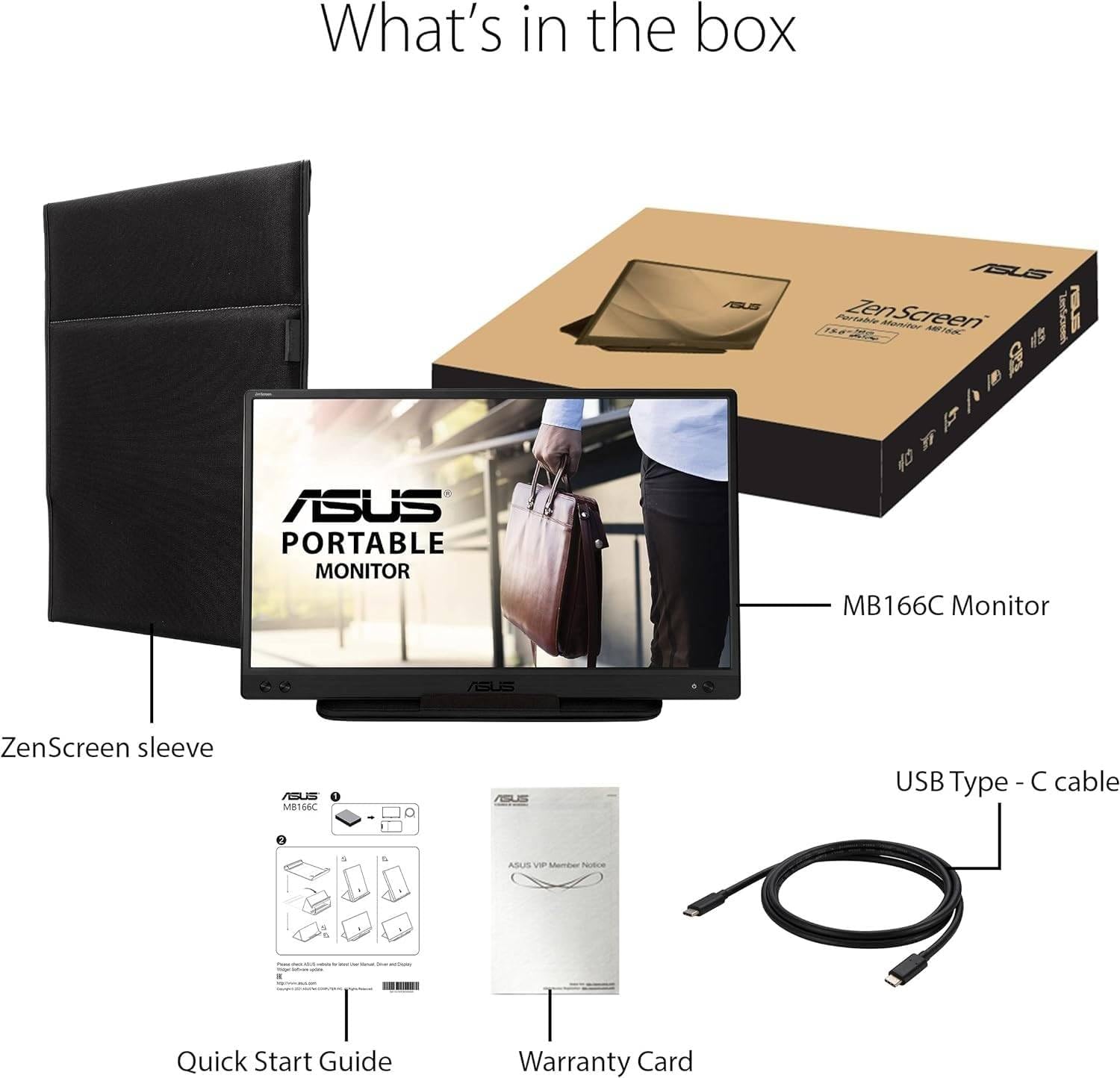 ASUS MB166C 15.6" Portable Monitor – 5ms Response Time, USB-C, Full HD 1920x1080, 60Hz, Black, EU Version
