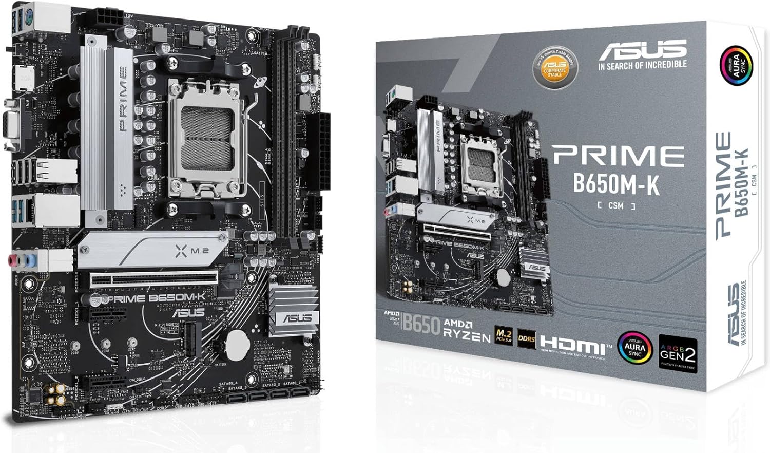 ASUS PRIME B650M-K Motherboard – AMD AM5 Socket, B650 Chipset, USB 3.2 Gen 2, Aura Sync RGB, Micro-ATX