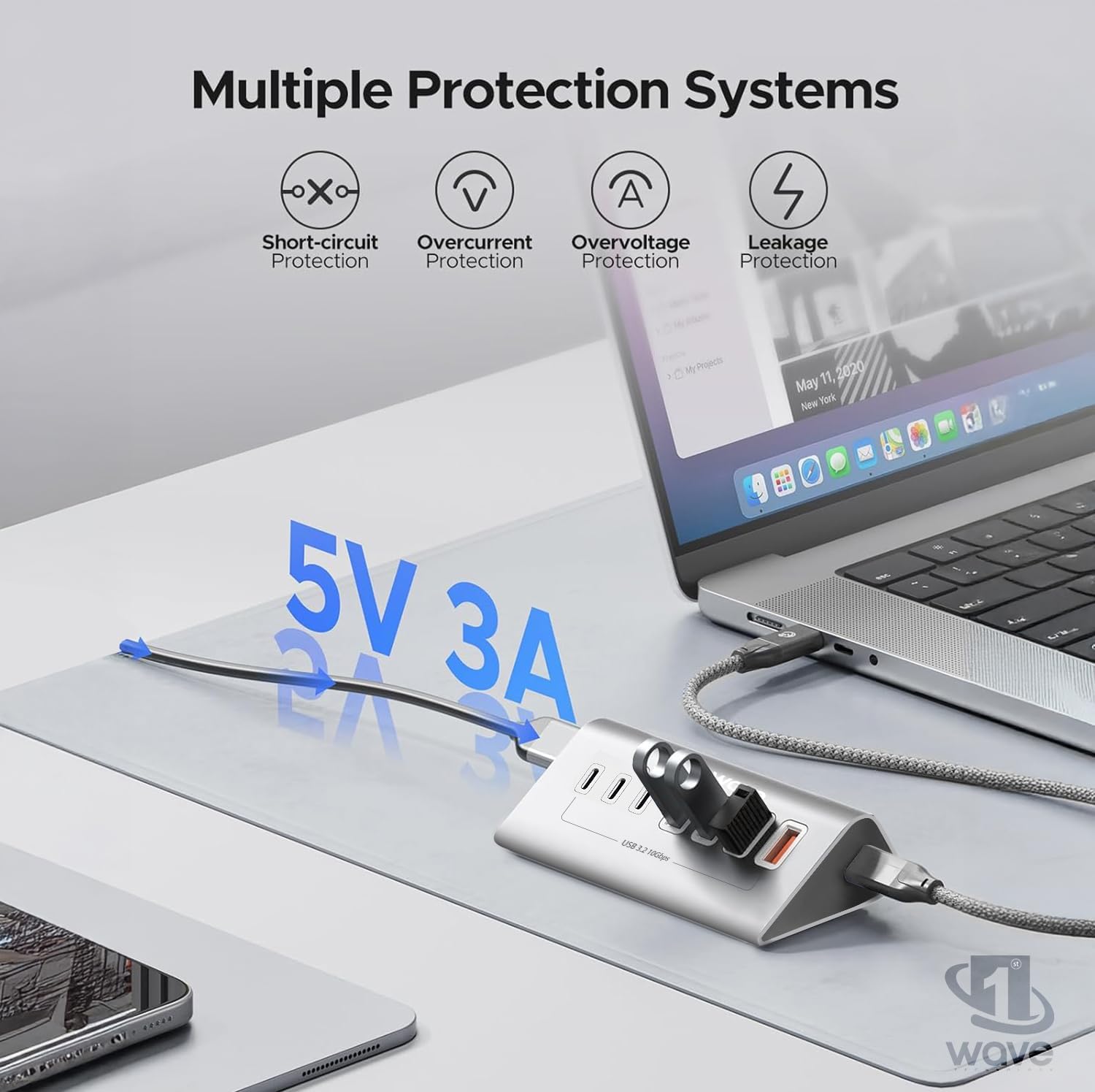 First Wave DeskHub 7-in-1 USB-C Hub – 10Gbps USB 3.2 Gen 2, Aluminum, USB-A Cap, 1m Braided Cable, Hot-Swap, Plug & Play, Over-Voltage & Over-Current Protection, for Laptop, PC, MacBook, Lunar Silver