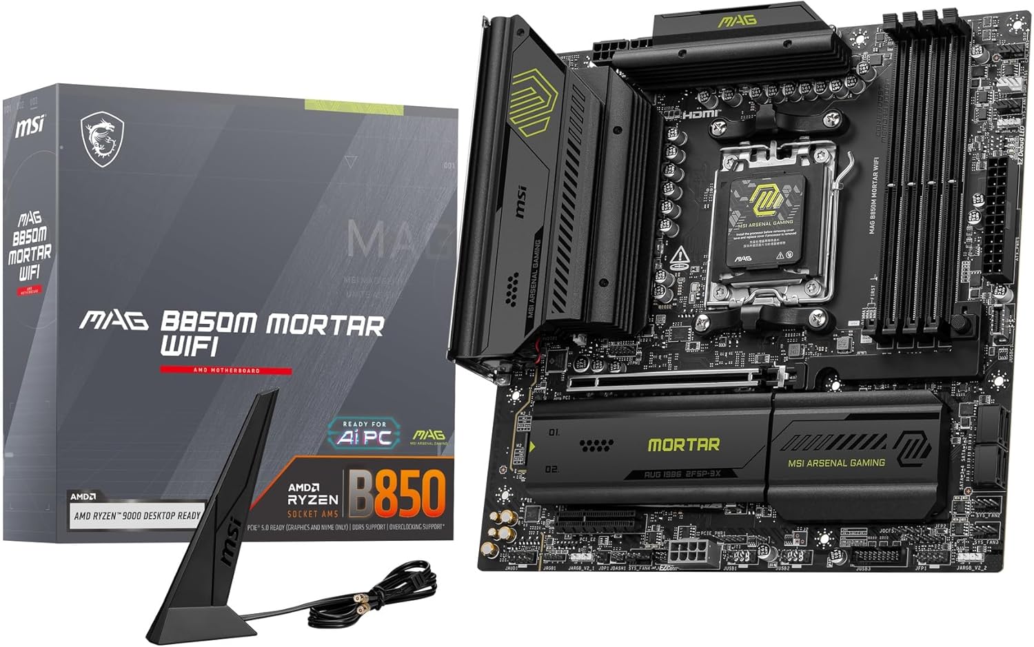 MSI MAG B850M MORTAR WIFI AM5 DDR5 Micro‑ATX Motherboard – AMD B850 Chipset, PCIe 5.0 x16, DDR5 8200+ OC, Dual M.2 Gen5 NVMe, Wi‑Fi 7 & Bluetooth 5.4, 2.5G LAN, USB‑C 20Gbps, HDMI 2.1 & DisplayPort MSI