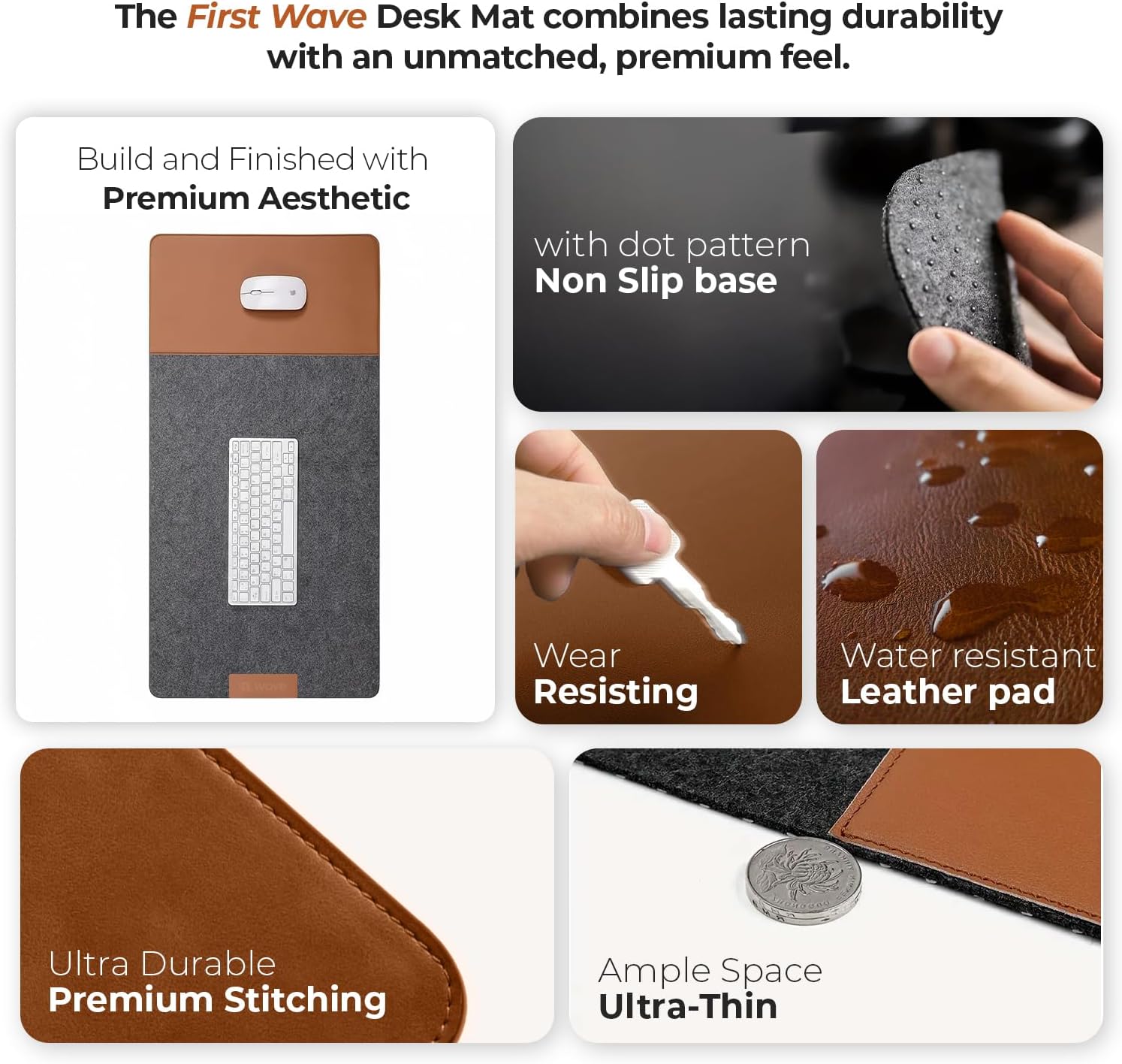 First Wave Signature Mat | Premium Desk Mat 100x35cm | Smooth Felt & Leather | Gaming, Office & Home | Clean & Organized Desk | Laptop, Keyboard & Mouse Pad | Anti-Slip, Water-Resistant | Grey-Tan