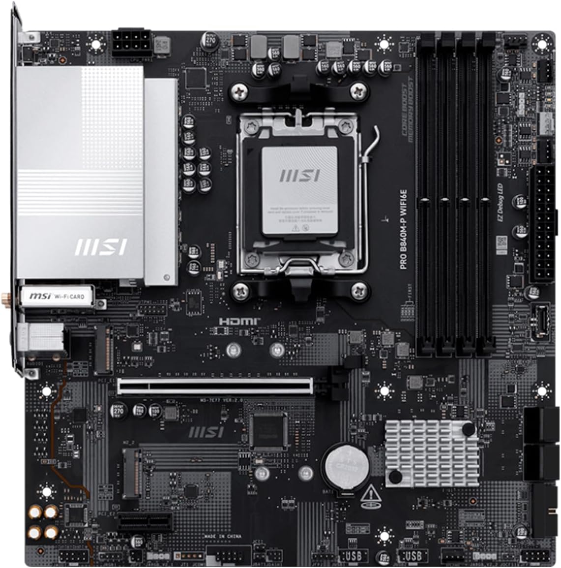 MSI PRO B840M-P WIFI 6E AM5 DDR5 Micro-ATX Motherboard – AMD B840 Chipset, DDR5 8000+ OC, PCIe 4.0 x16, Dual M.2 Gen4 NVMe, Wi-Fi 6E, Bluetooth 5.3, 2.5G LAN, HDMI 2.1, Ryzen 9000/8000/7000 Ready MSI
