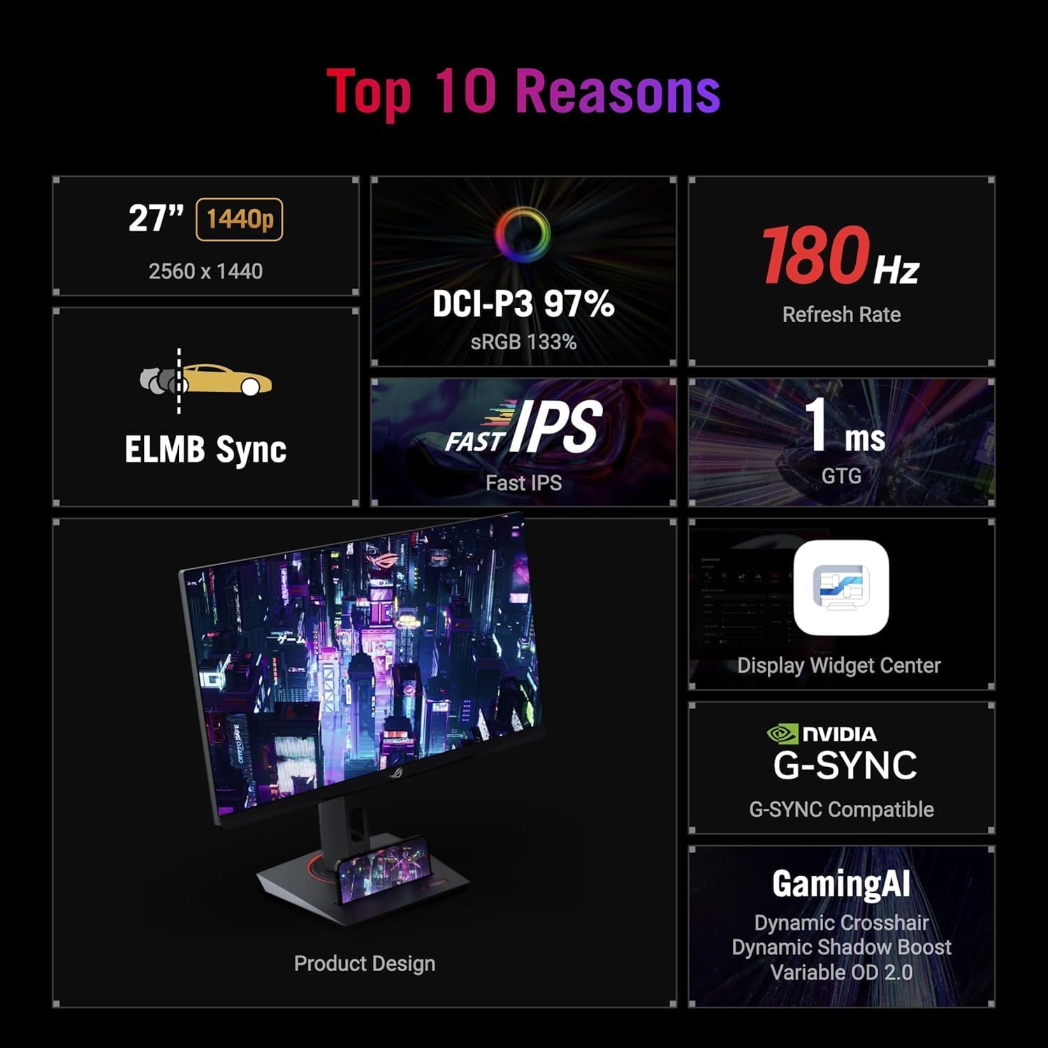 ASUS ROG Strix XG27ACS Gaming Monitor – 27", 2560x1440 QHD, 180Hz, 1ms Response, DisplayPort + HDMI + USB-C, Black