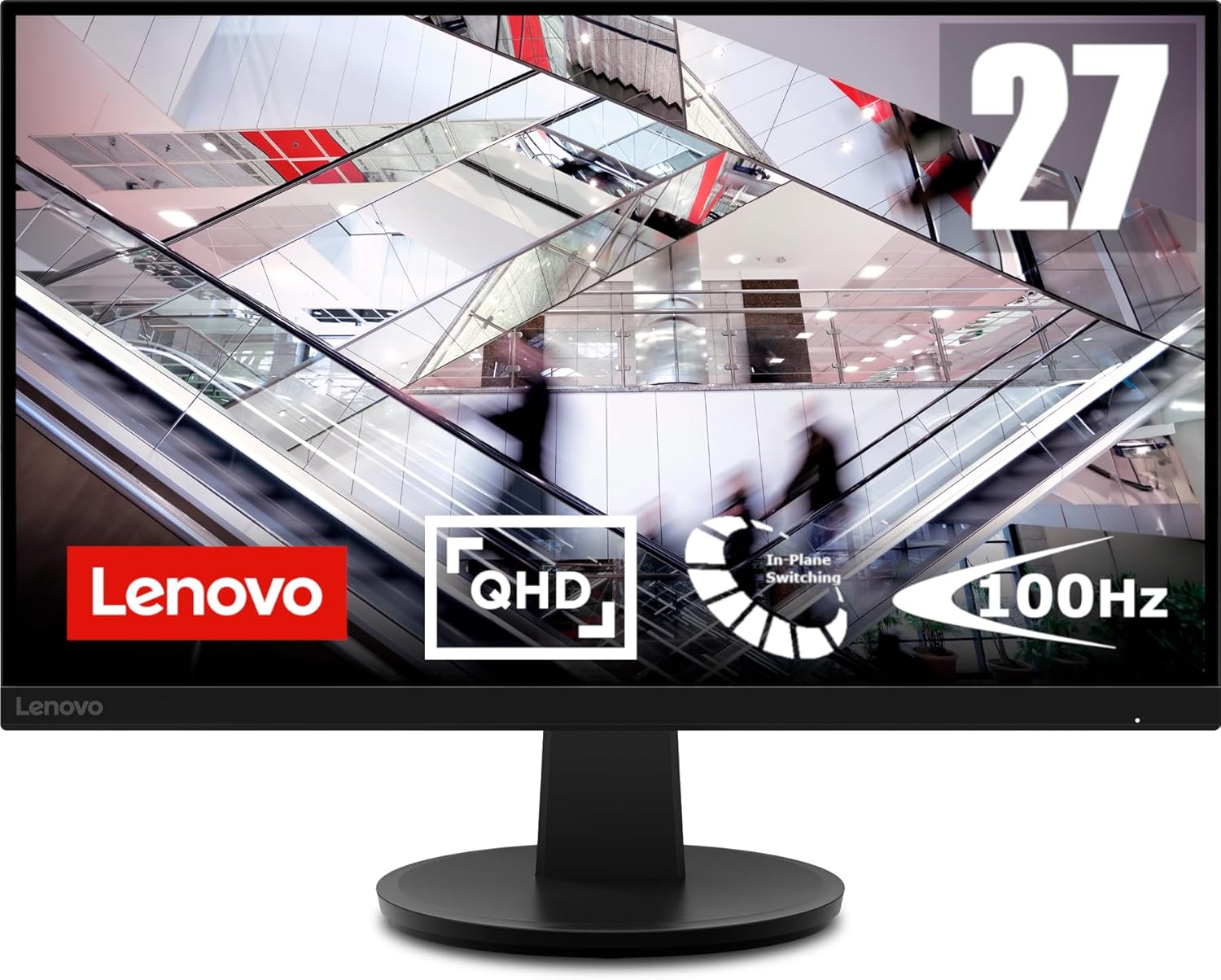 Lenovo N27q 27" QHD Monitor   2560x1440 IPS, 100Hz, 4ms, 3-Side NearEdgeless, 2x HDMI 2.1, DisplayPort 1.4, Adjustable Stand
