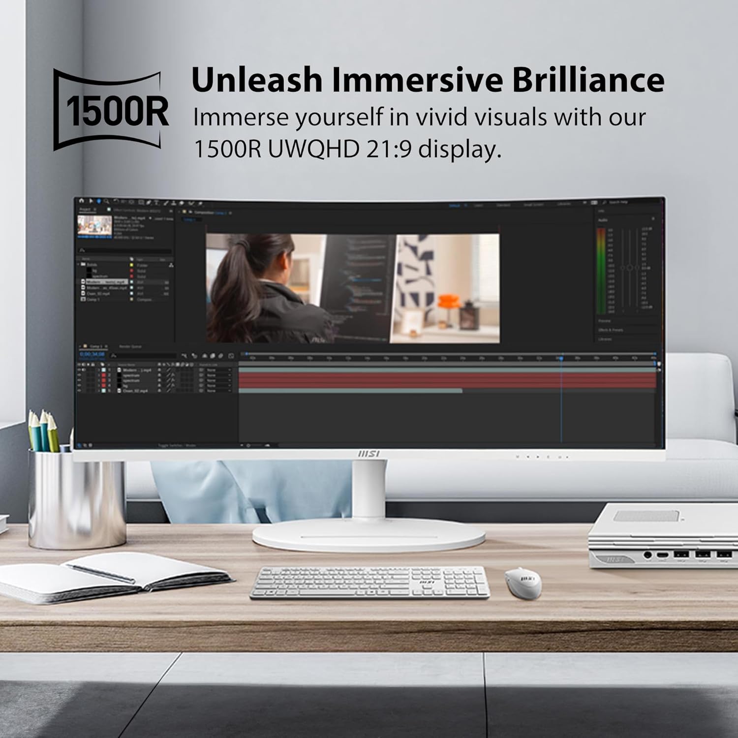 MSI Modern MD342CQPW Curved Monitor – 34" UWQHD (3440×1440) VA | 120Hz | 1ms MPRT | USB-C 98W Power Delivery | Ultra-Wide Productivity Monitor MSI