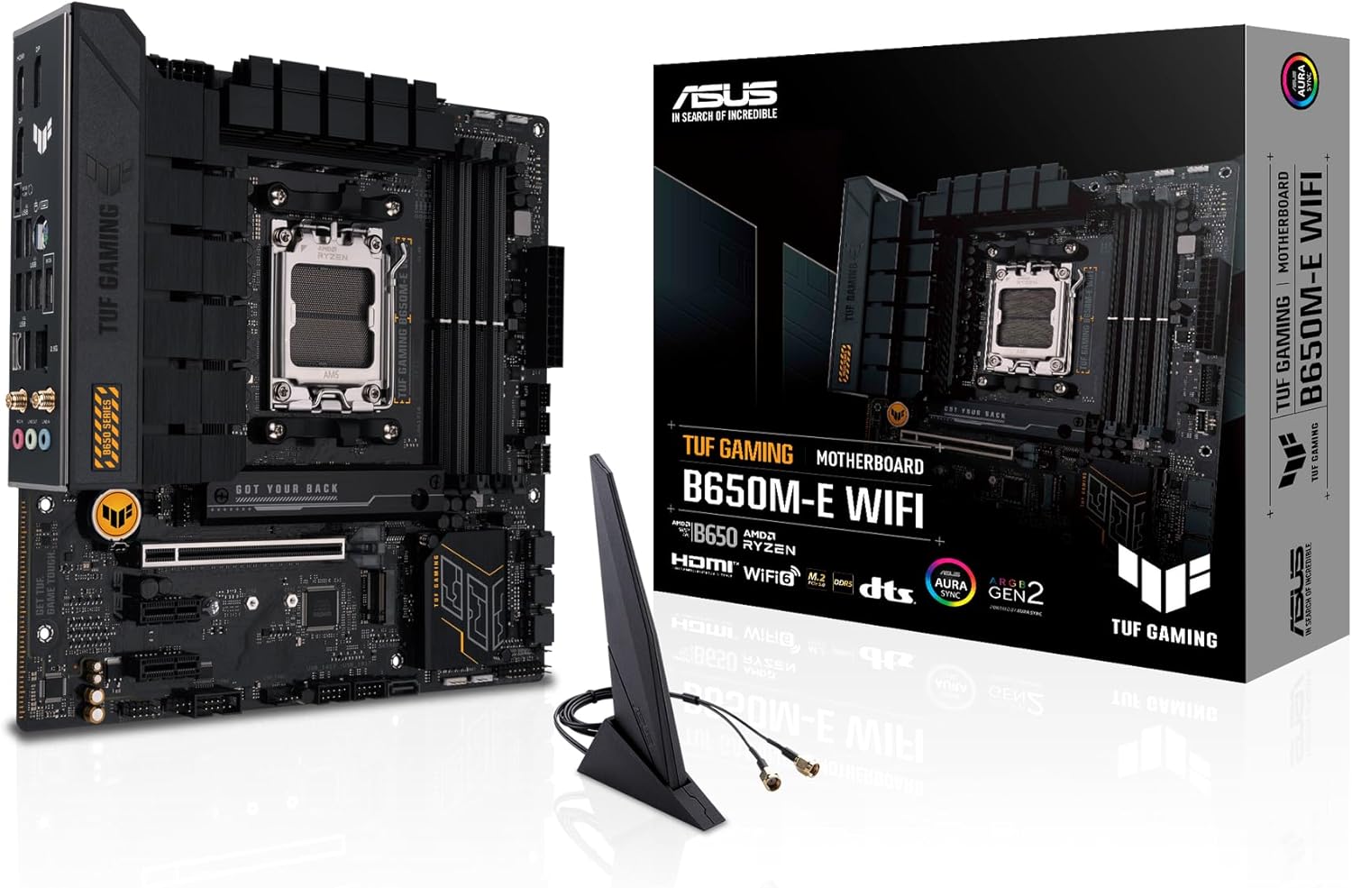 ASUS TUF GAMING B650M-E WIFI-AE   Micro-ATX AM5 Motherboard with DDR5-7600+ OC, PCIe 4.0, WiFi 6, 2.5Gb Ethernet, USB 3.2 Gen 2 Type-C, Dual DisplayPort, HDMI Aura Sync RGB & Enhanced Durability
