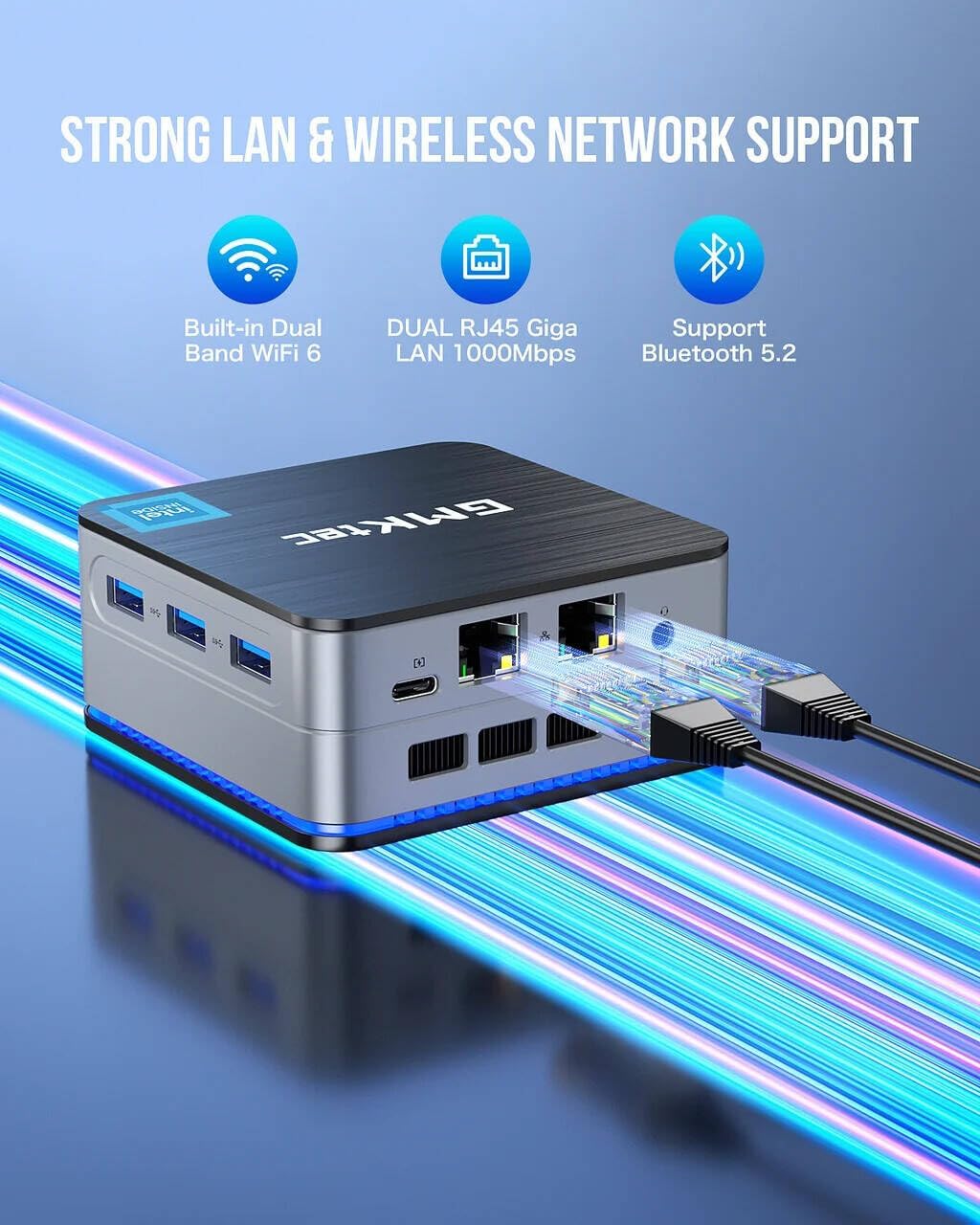 GMKtec NucBox G2 Plus Desktop Ultracompact Mini PC, Intel Twin Lake N150(4C/4T) up to 3.6GHz, 12GB LPDDR5 RAM, 512GB SSD, WiFi 6, BT5.2, Windows 11 Pro, Black, Blue | NucBox G2 Plus