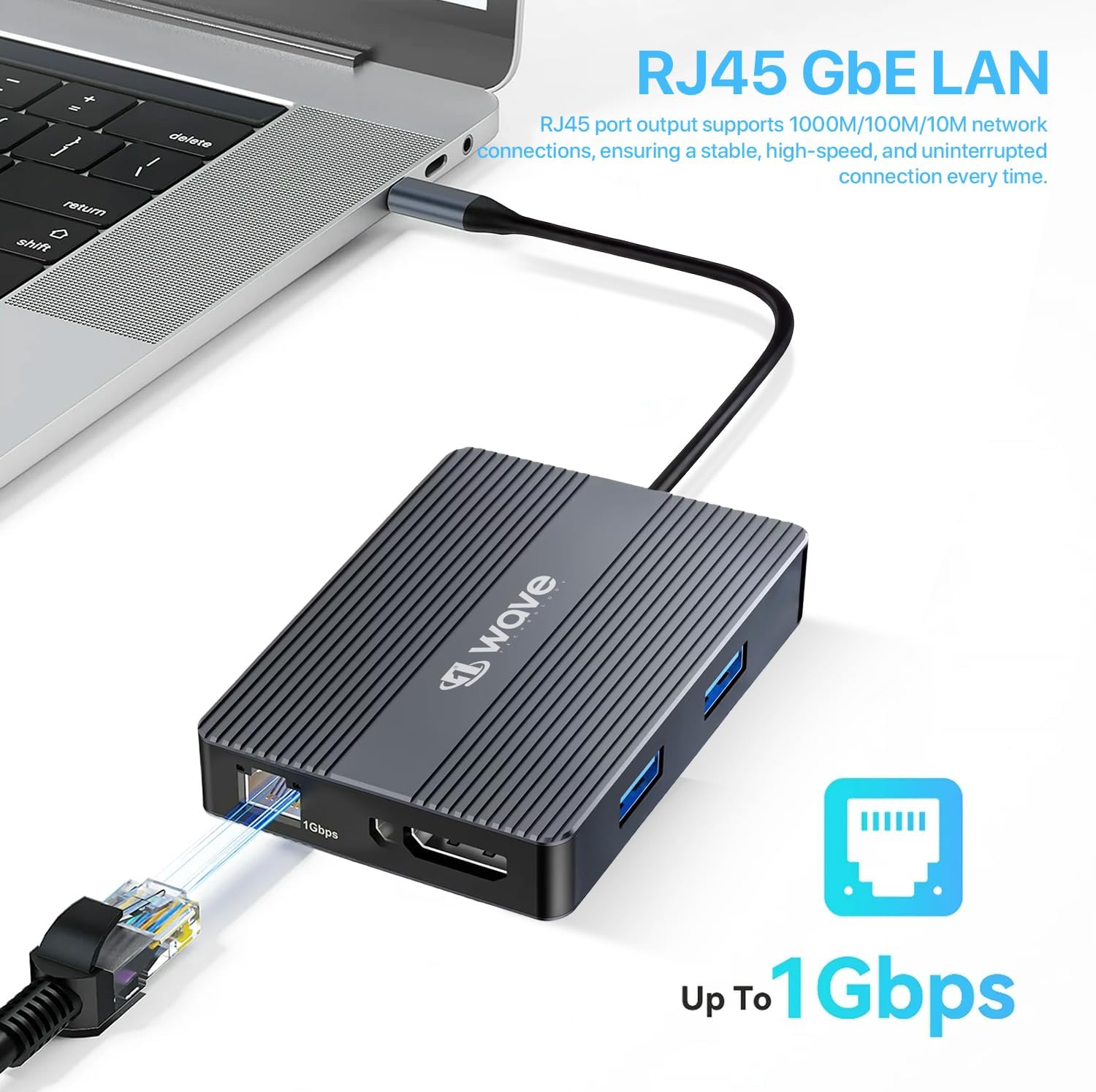 First Wave SlimDock 7-in-1 USB-C Hub – 2× USB 3.2, USB-C 3.2 (10Gbps), 100W PD Fast Charging, HDMI 4K@60Hz, DP 1.2, Gigabit Ethernet LAN, Aluminum Alloy, Metallic Grey Multiport Docking Station