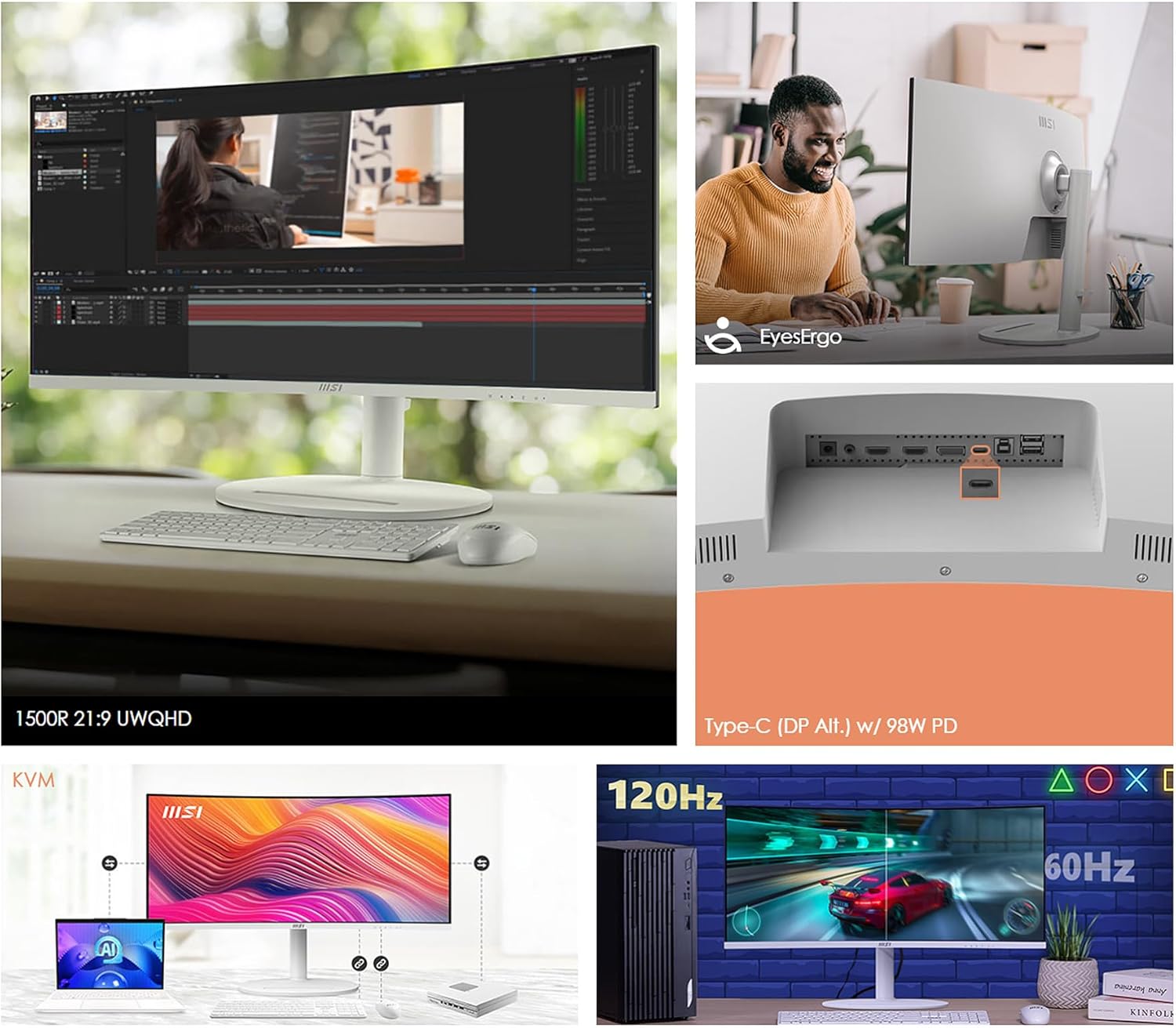 MSI Modern MD342CQPW Curved Monitor – 34" UWQHD (3440×1440) VA | 120Hz | 1ms MPRT | USB-C 98W Power Delivery | Ultra-Wide Productivity Monitor MSI