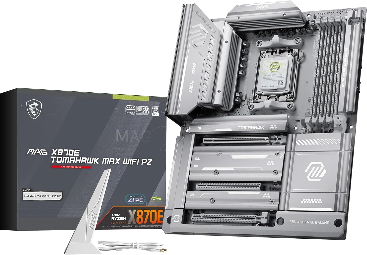 MSI MAG X870E TOMAHAWK MAX WIFI PZ AM5 DDR5 ATX Motherboard – AMD X870E Chipset, DDR5 8400+ OC, PCIe 5.0 x16, Quad M.2 NVMe, Wi‑Fi 7 & Bluetooth 5.4, 2.5G LAN, USB4 40Gbps, HDMI 2.1 MSI