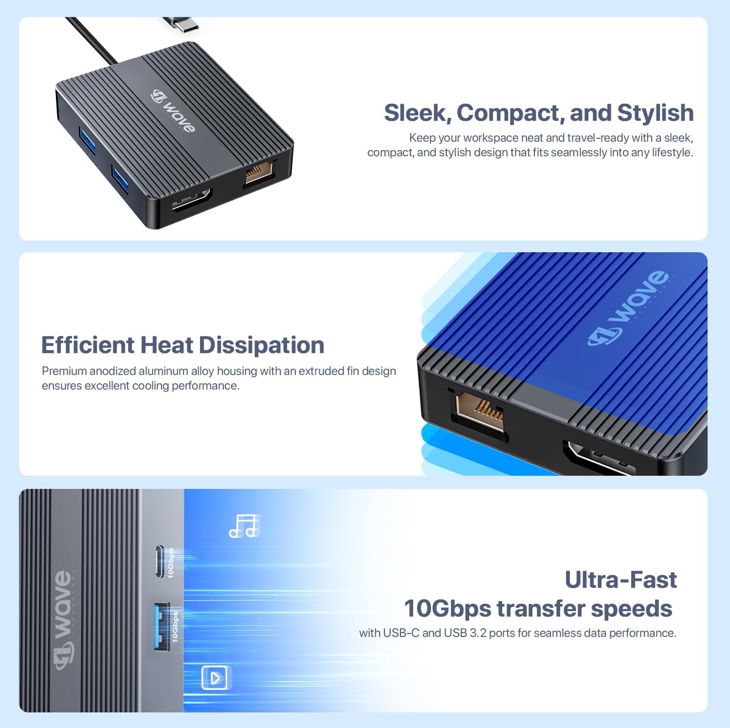 First Wave SlimDock 7-in-1 USB-C Hub – 2× USB 3.2, USB-C 3.2 (10Gbps), 100W PD Fast Charging, HDMI 4K@60Hz, DP 1.2, Gigabit Ethernet LAN, Aluminum Alloy, Metallic Grey Multiport Docking Station