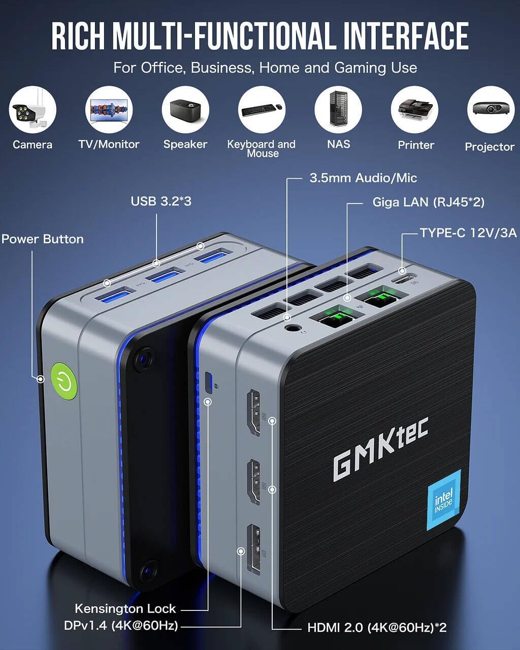 GMKtec NucBox G2 Plus Desktop Ultracompact Mini PC, Intel Twin Lake N150(4C/4T) up to 3.6GHz, 12GB LPDDR5 RAM, 512GB SSD, WiFi 6, BT5.2, Windows 11 Pro, Black, Blue | NucBox G2 Plus