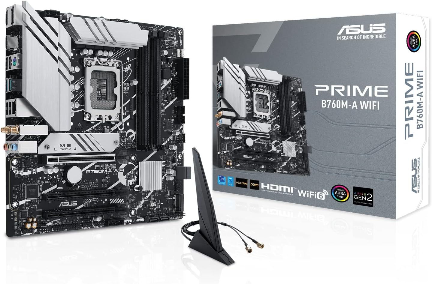 ASUS PRIME B760M A WIFIAE   mATX LGA1700 Motherboard with DDR5 7200+OC, PCIe4.0, Dual M.2, WiFi6, Realtek 2.5 Gb Ethernet, USB 3.2 Gen 2/C, DP & Dual HDMI BIOS FlashBack & Aura Sync RGB