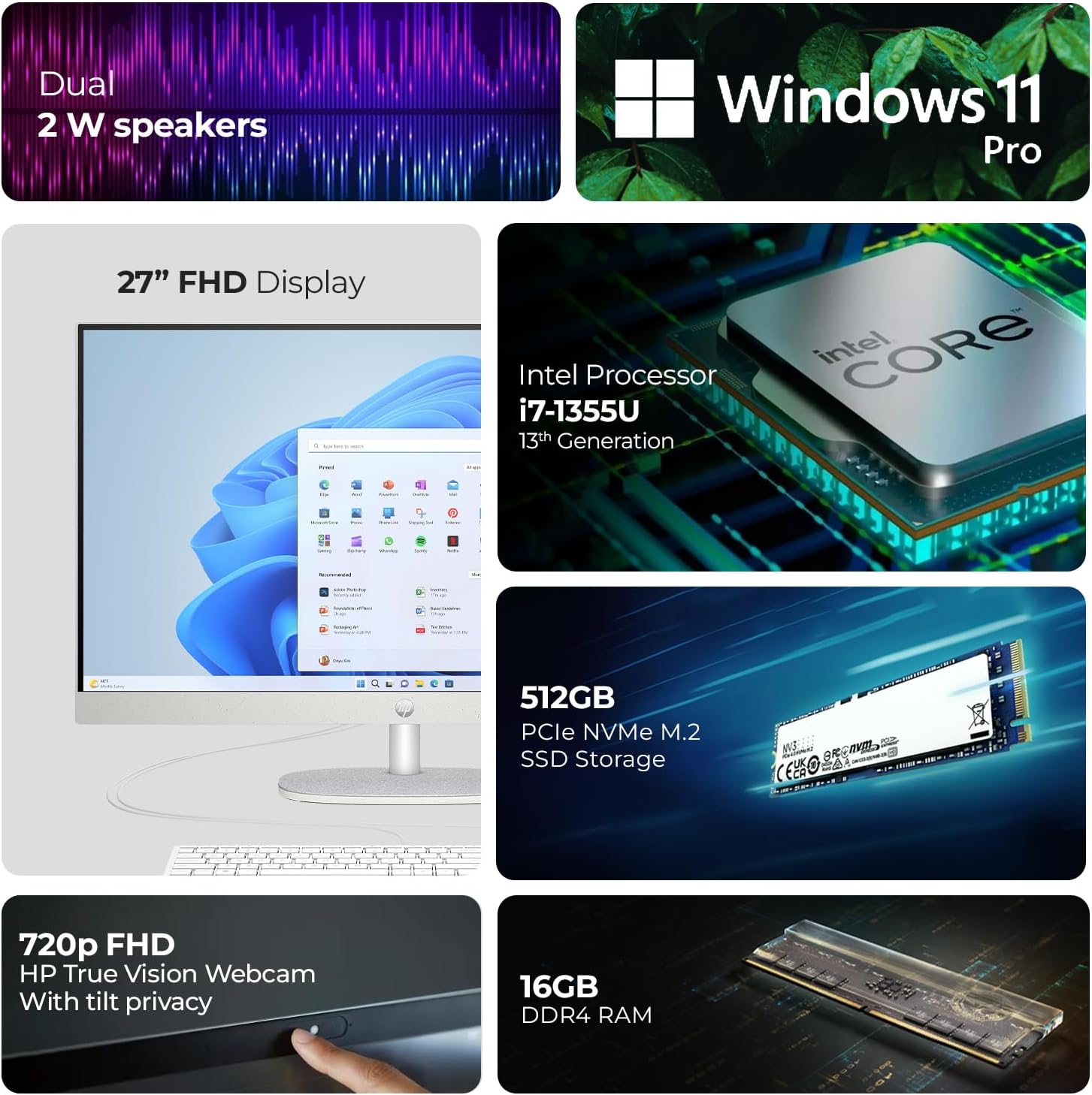 HP All-in-One Desktop PC – Intel Core i7-1355U | 16GB RAM | 512GB SSD | 27" Full HD Display | Windows 11 Pro | White | Includes First Wave USB Document Scanner with OCR