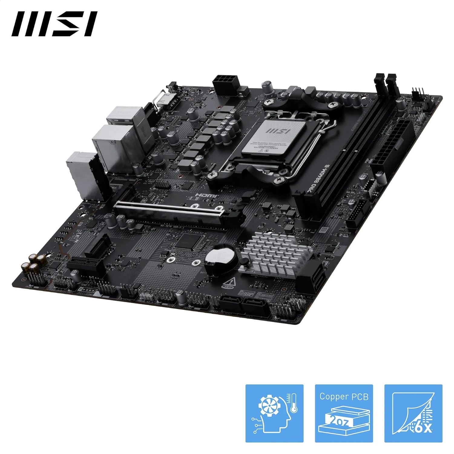 MSI PRO B840M-B AM5 DDR5 Micro-ATX Motherboard – AMD B840 Chipset, DDR5 8000+ OC, PCIe 4.0 x16, Dual M.2 Gen4 NVMe, 2.5G LAN, HDMI 2.1, VGA, USB-C, Ryzen 9000/8000/7000 Ready MSI