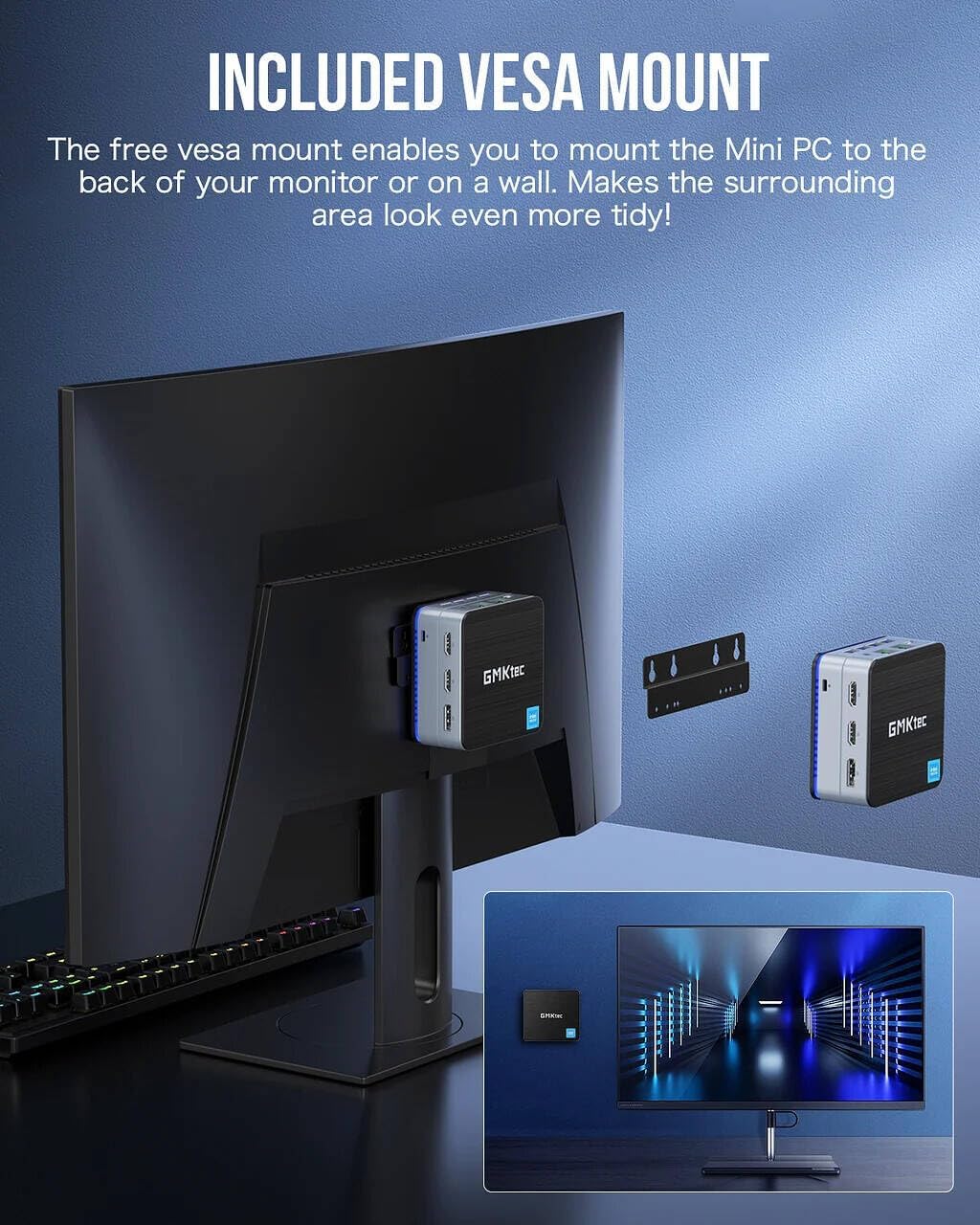 GMKtec NucBox G2 Plus Desktop Ultracompact Mini PC, Intel Twin Lake N150(4C/4T) up to 3.6GHz, 12GB LPDDR5 RAM, 512GB SSD, WiFi 6, BT5.2, Windows 11 Pro, Black, Blue | NucBox G2 Plus