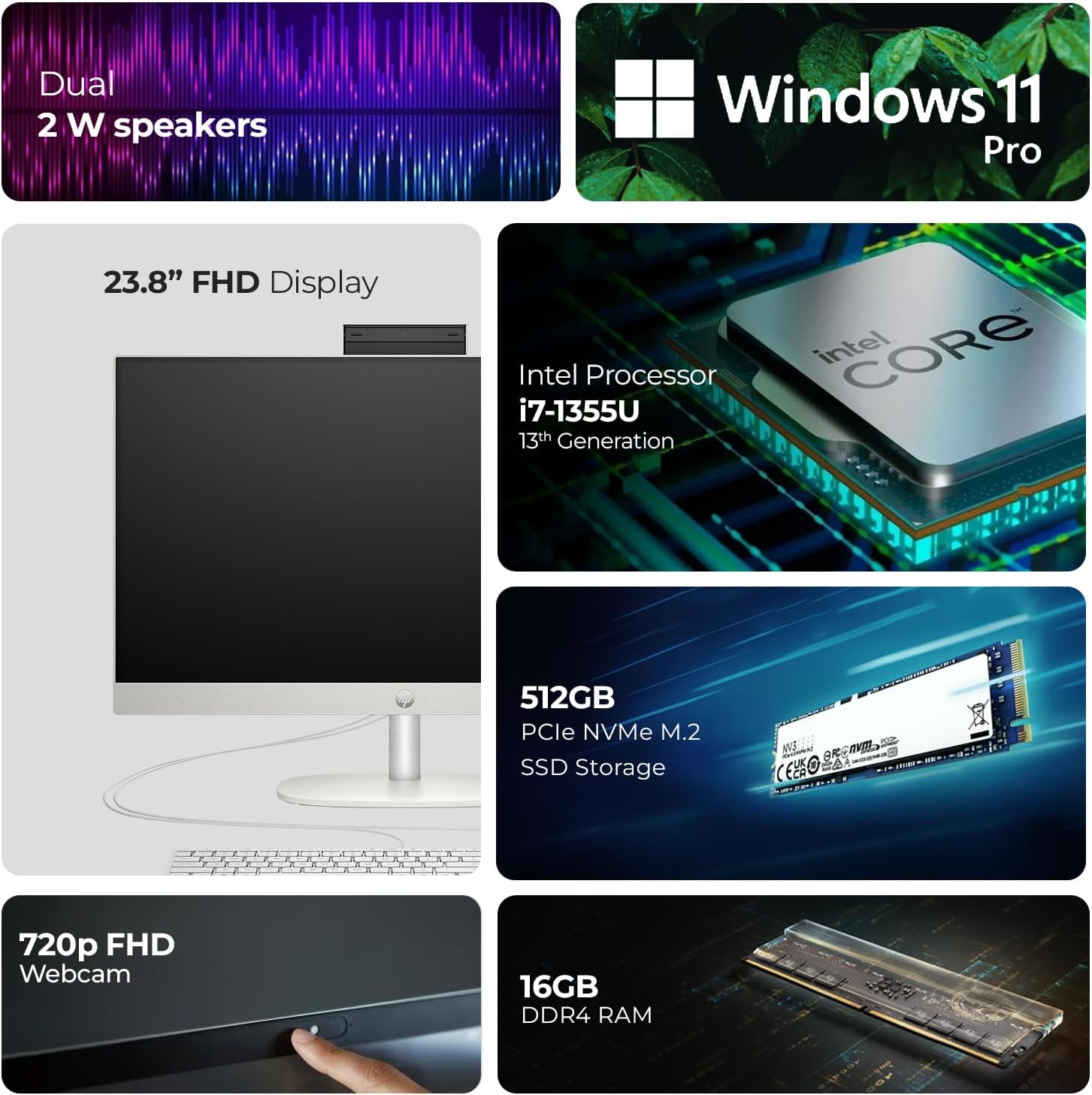 HP 24" All-in-One Desktop PC – Intel Core i7-1355U | 16GB RAM | 512GB NVMe SSD | 24" Full HD IPS Display | Intel Iris Xe Graphics | Wi-Fi 6 | Windows 11 Pro | Includes First Wave Document Scanner Bundle