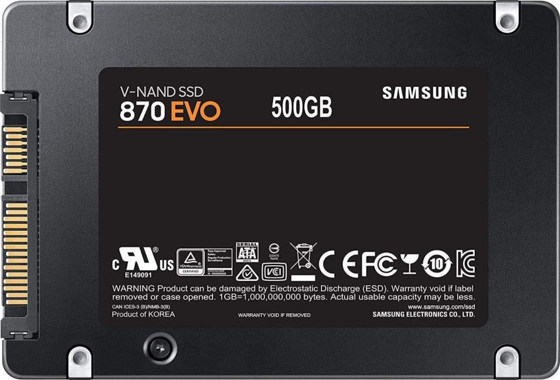 Samsung 870 EVO 500GB 2.5" SATA III Internal Solid State Drive – Up to 560MB/s Read, 530MB/s Write, V-NAND Technology, Reliable Performance, 5-Year Warranty – Ideal SSD Upgrade for Laptops & Desktops