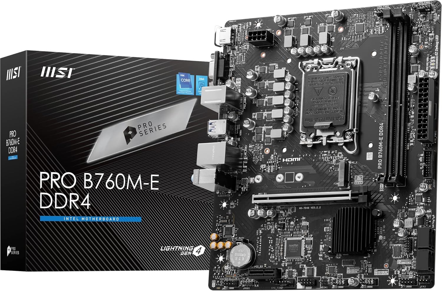MSI PRO B760M‑E DDR4 LGA 1700 Micro‑ATX Motherboard – Intel B760 Chipset, DDR4 4800+ OC, PCIe 4.0 x16, Dual M.2 Gen4 NVMe, USB‑C 10Gbps, HDMI 1.4, DisplayPort 1.4, VGA, Gigabit LAN, 12th/13th/14th Gen Intel Core Ready MSI