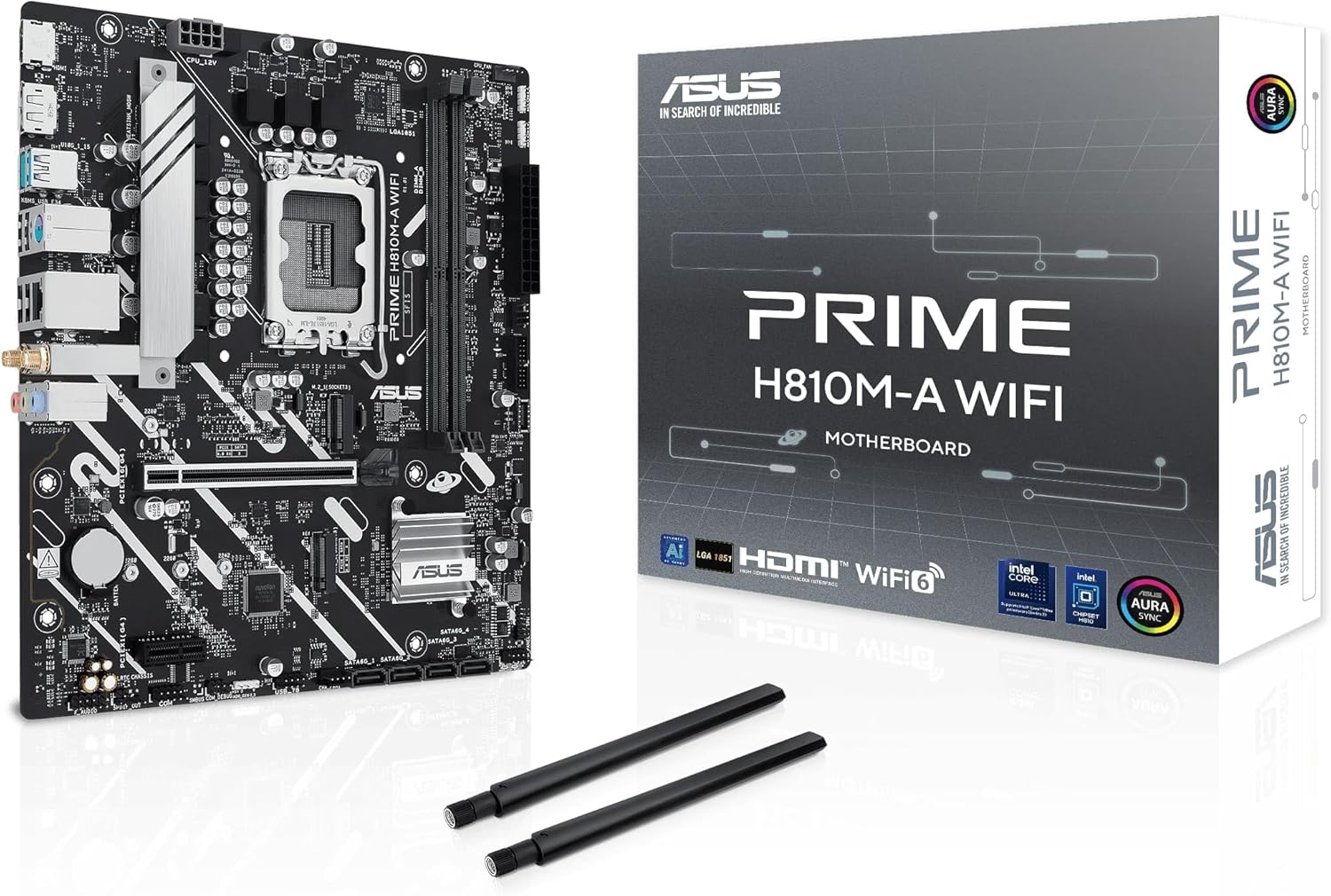 ASUS PRIME H810M-A WIFI-CSM   Micro-ATX LGA1851 Motherboard with DDR5, PCIe 4.0, Dual M.2, Intel 1Gb Ethernet, Wi-Fi 6, HDMIƒ?›, DisplayPort, USB 10Gbps, USB 5Gbps Type-C, Aura Sync RGB.