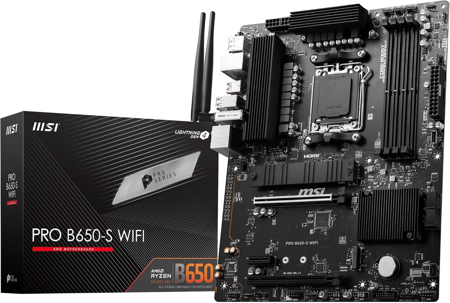 MSI PRO B650‑S WIFI AM5 DDR5 ATX Motherboard – AMD B650‑S Chipset, PCIe 4.0 x16, DDR5 7200+ OC, Dual M.2 Gen4 NVMe, Wi‑Fi 6E, Bluetooth 5.3 & 2.5G LAN for Ryzen 7000/8000/9000 Series MSI