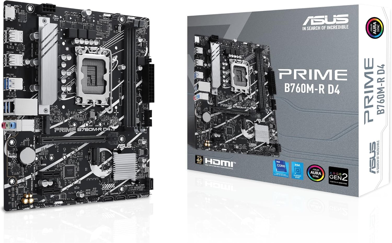ASUS PRIME B760M-R D4-AE   Micro-ATX LGA1700 Motherboard supporting DDR4 Memory, PCIe 4.0, Dual M.2 Slots, Realtek 2.5Gb Ethernet, HDMI, DisplayPort, USB 3.2 Gen 1, and Aura Sync RGB Lighting.