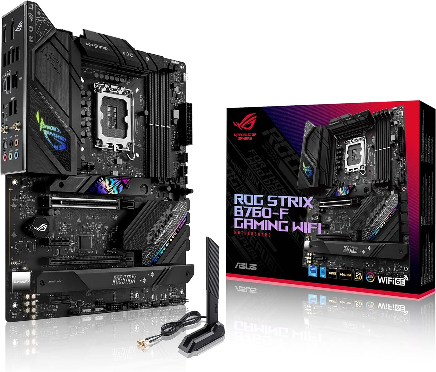 ASUS ROG STRIX B760 F GAMING WIFIAE   ATX LGA1700 Motherboard with DDR5 7800+ OC, PCIe 5.0, Triple M.2, WiFi6E, 2.5 Gb Ethernet, USB 20 Gbps Type-C, SupremeFX ALC4080 Audio & Aura Sync RGB