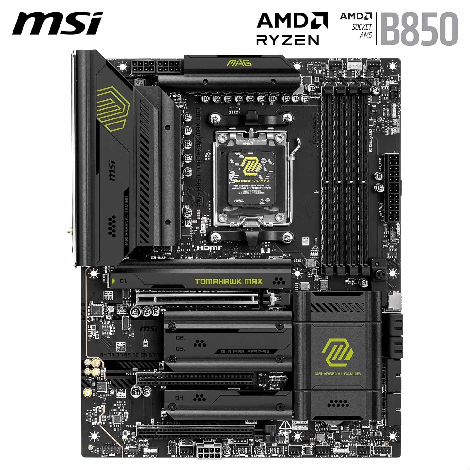 MSI MAG B850 TOMAHAWK MAX WIFI AM5 DDR5 ATX Motherboard – AMD B850 Chipset, DDR5 8400+ OC, PCIe 5.0 x16, Triple M.2 NVMe, Wi‑Fi 7 & Bluetooth, 2.5G LAN, USB‑C 20Gbps, HDMI 2.1 & DisplayPort MSI