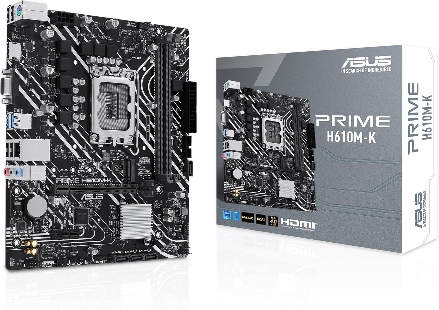 ASUS PRIME H610M-D D4   Micro-ATX LGA1700 Motherboard with DDR4 Support, PCIe 4.0, M.2 Slot, Realtek 1Gb Ethernet, HDMI, D-Sub, USB 3.2 Gen 1, SATA 6 Gbps, COM Port, LPT Header, RGB Header.