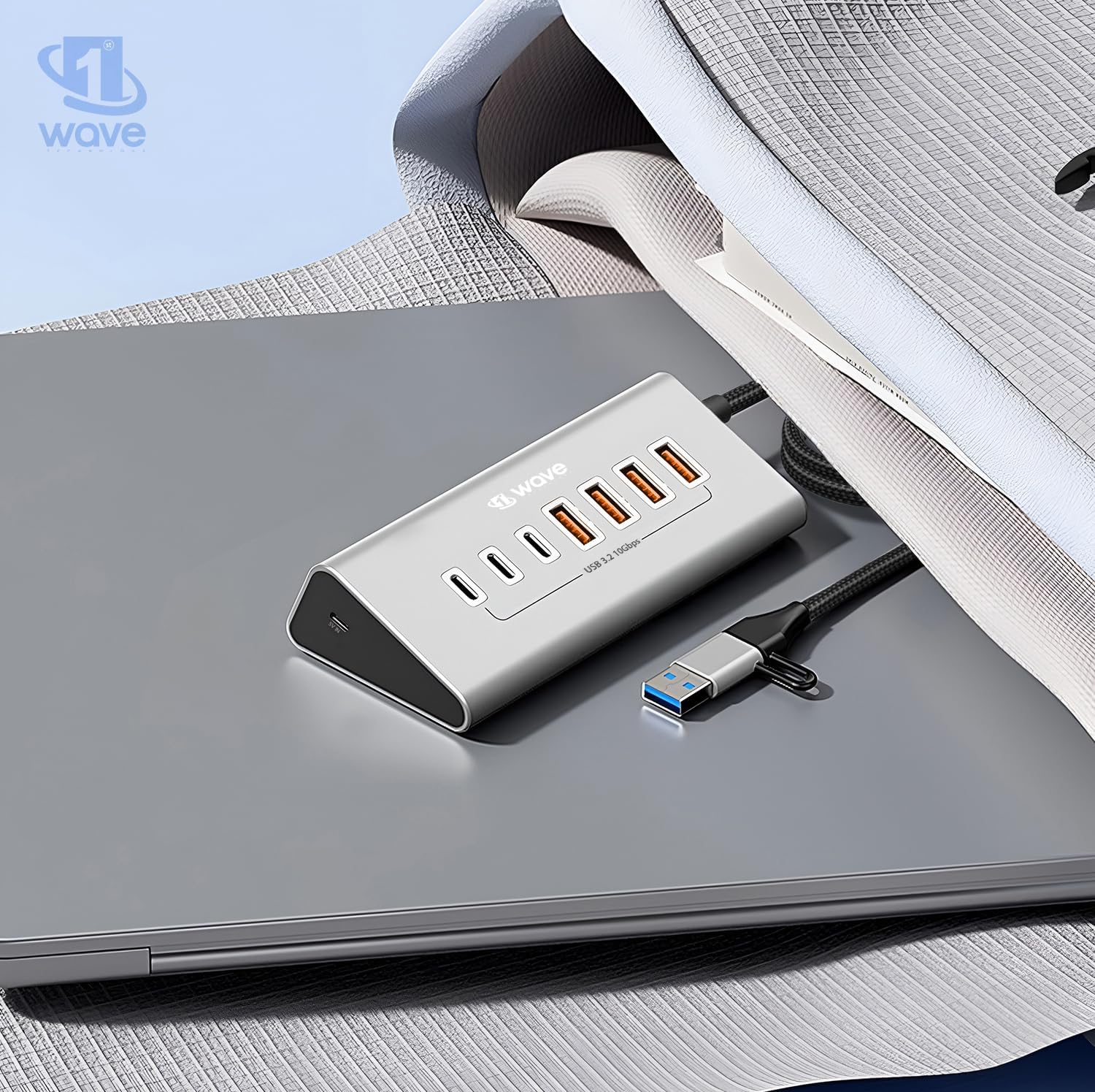 First Wave DeskHub 7-in-1 USB-C Hub – 10Gbps USB 3.2 Gen 2, Aluminum, USB-A Cap, 1m Braided Cable, Hot-Swap, Plug & Play, Over-Voltage & Over-Current Protection, for Laptop, PC, MacBook, Lunar Silver