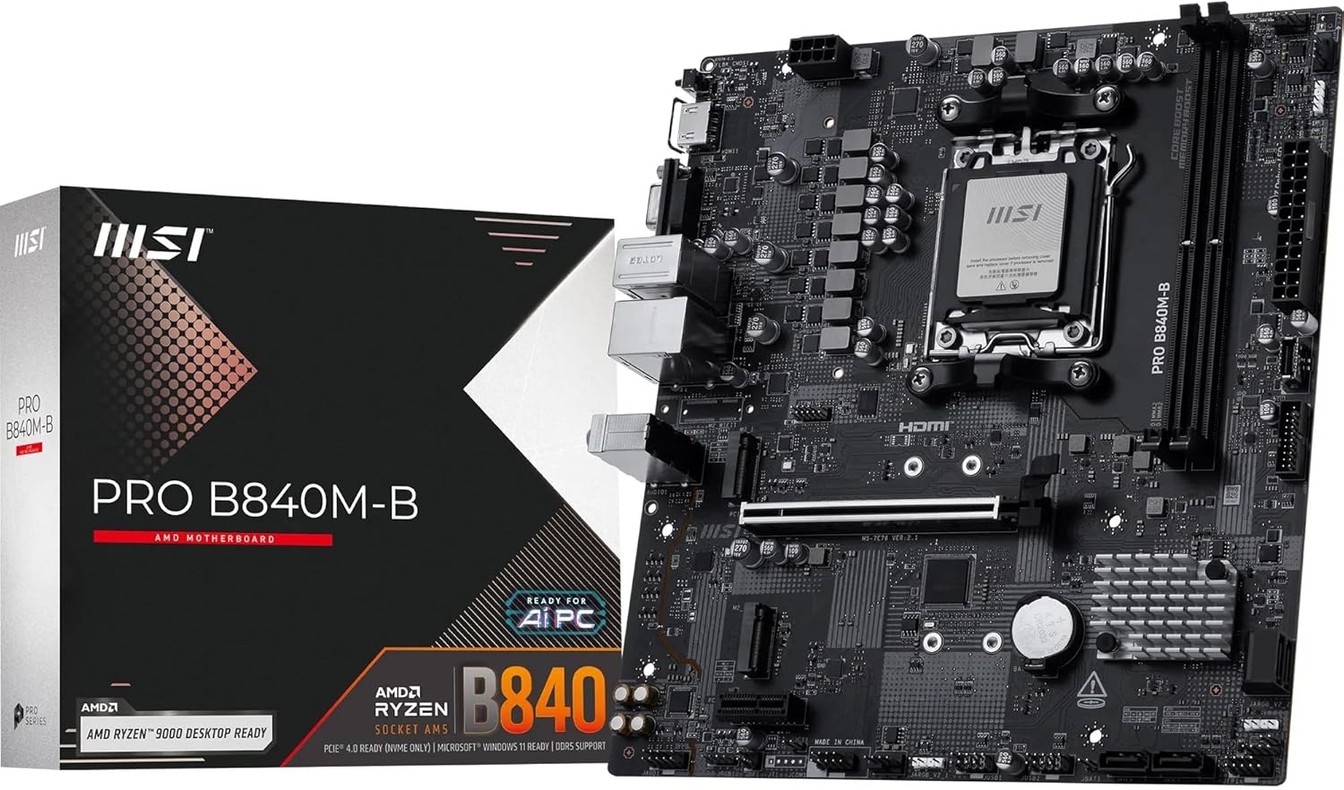 MSI PRO B840M-B AM5 DDR5 Micro-ATX Motherboard – AMD B840 Chipset, DDR5 8000+ OC, PCIe 4.0 x16, Dual M.2 Gen4 NVMe, 2.5G LAN, HDMI 2.1, VGA, USB-C, Ryzen 9000/8000/7000 Ready MSI