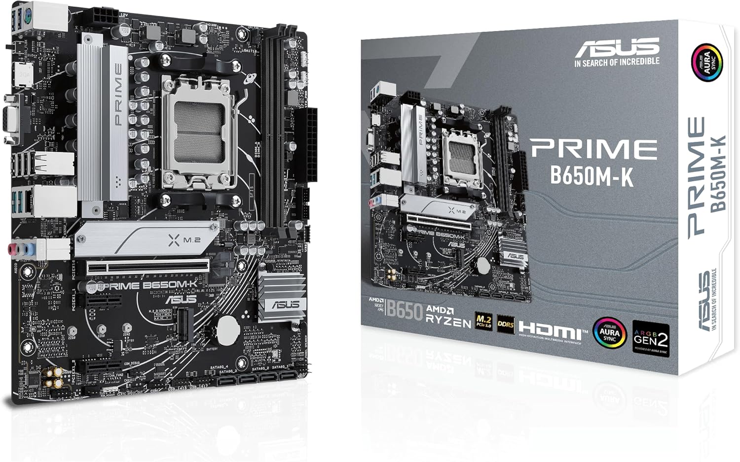 ASUS PRIME B650M-K-AE   Micro-ATX AM5 Motherboard with DDR5-6400+ OC, PCIe 5.0, 2.5Gb Ethernet, USB 3.2 Gen 2 Type-C, DisplayPort, HDMI BIOS FlashBack, Aura Sync RGB & Enhanced Durability