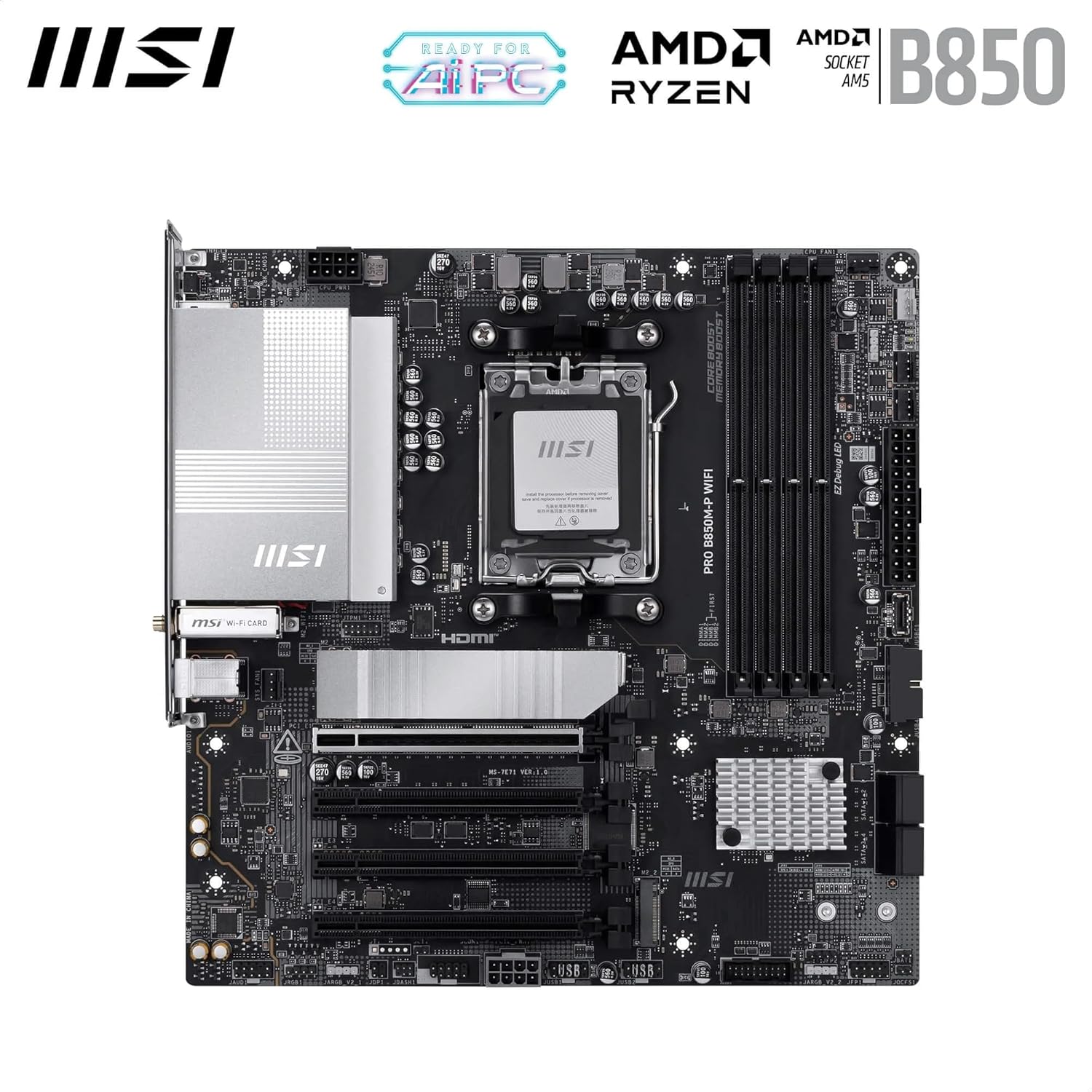 MSI PRO B850M-P WIFI AM5 DDR5 Micro-ATX Motherboard – AMD B850 Chipset, PCIe 5.0 x16, DDR5 8200+ OC, 3× M.2 NVMe, Wi-Fi 7, Bluetooth 5.4, 5G LAN, HDMI 2.1, DisplayPort 1.4 MSI