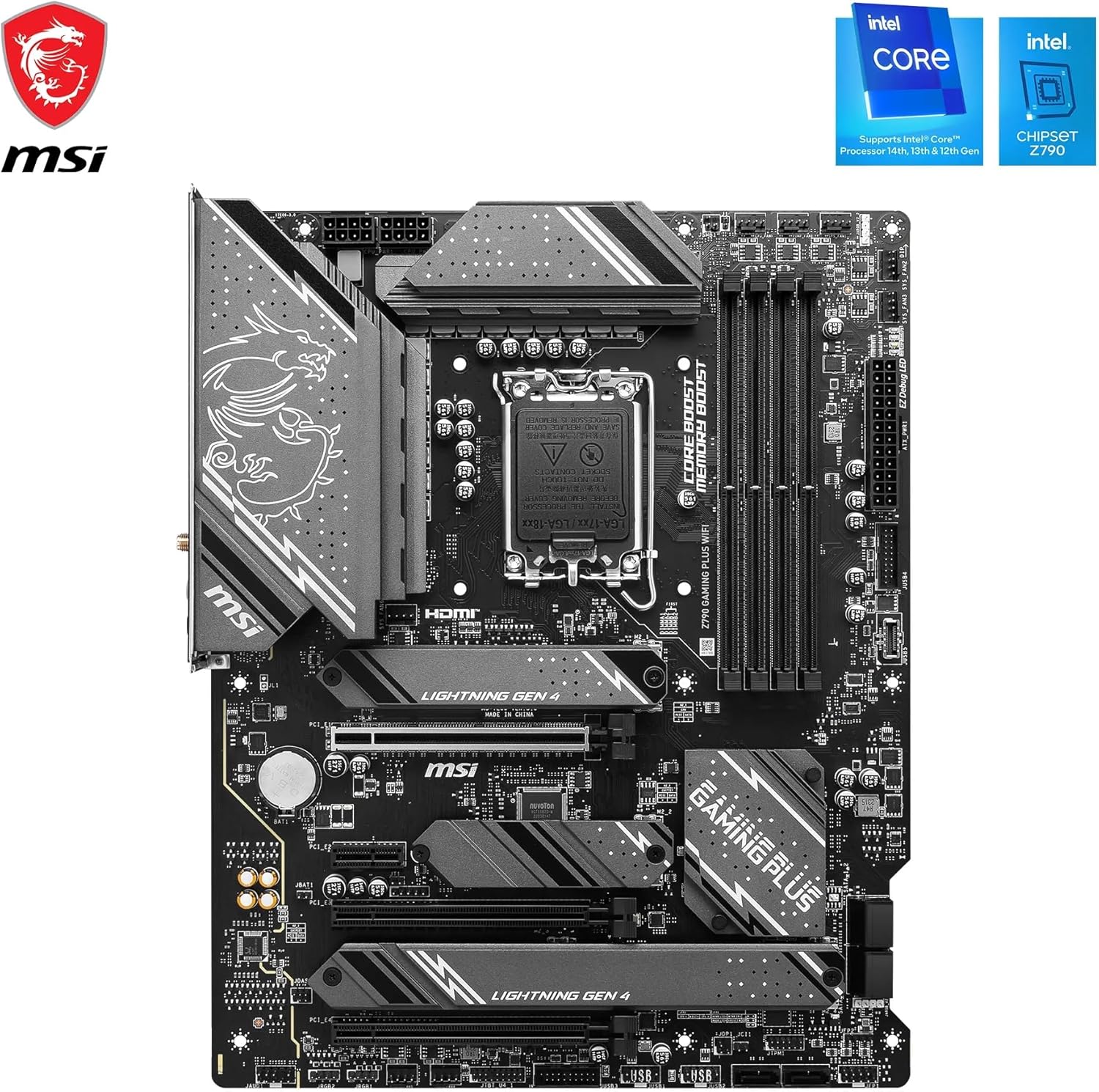 MSI Z790 GAMING PLUS WIFI Motherboard – Intel Z790 Chipset, Supports 14th/13th Gen Intel® Core™ Processors, DDR5, PCIe 5.0, Wi-Fi 6E, 2.5G LAN, Lightning Gen 5 M.2, Extended Heatsink, Frozr AI Cooling, Mystic Light RGB