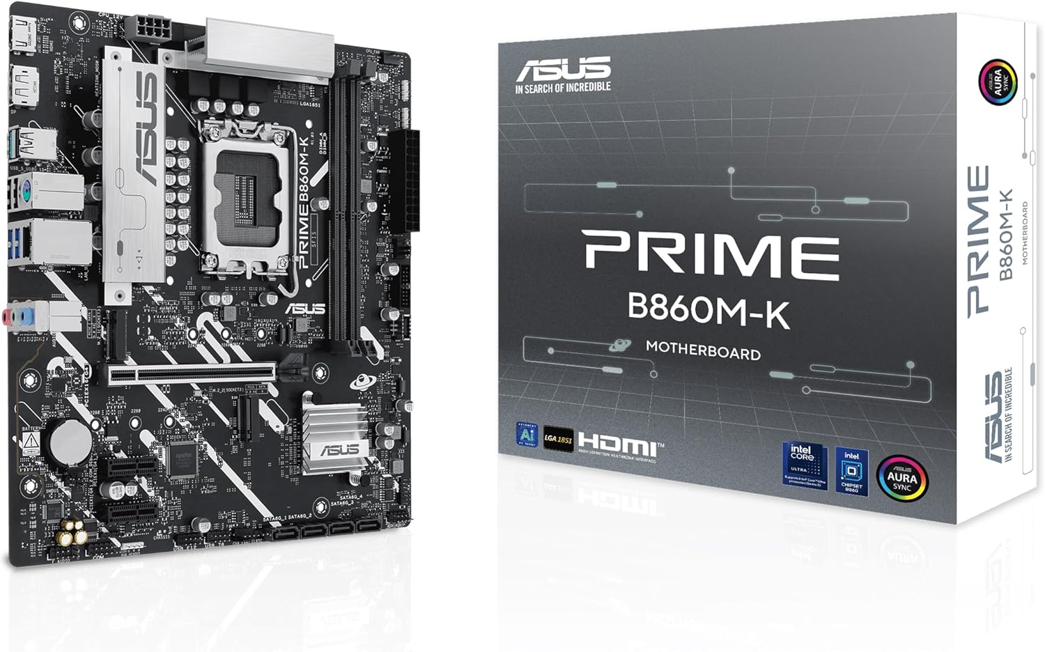 ASUS PRIME B860M K WIFI AE   mATX LGA1851 Motherboard with DDR5 8800+OC, PCIe5.0 M.2, WiFi6E, 2.5Gb Ethernet, USB 10/5 Gbps, Dual Display Outputs, AI Ready & Aura Sync RGB