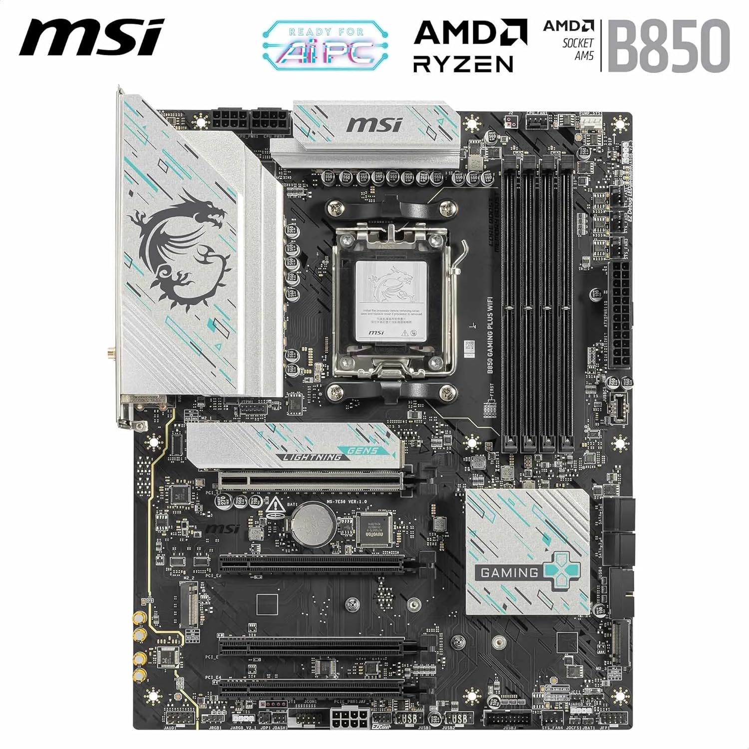 MSI B850 GAMING PLUS WIFI AM5 DDR5 ATX Motherboard – AMD B850 Chipset, PCIe 5.0 x16, DDR5 8200+ OC Memory, Dual M.2 Gen5 + Gen4 NVMe, Wi‑Fi 7 & Bluetooth 5.4, 2.5G LAN, USB‑C 20Gbps, HDMI 2.1 & DisplayPort MSI