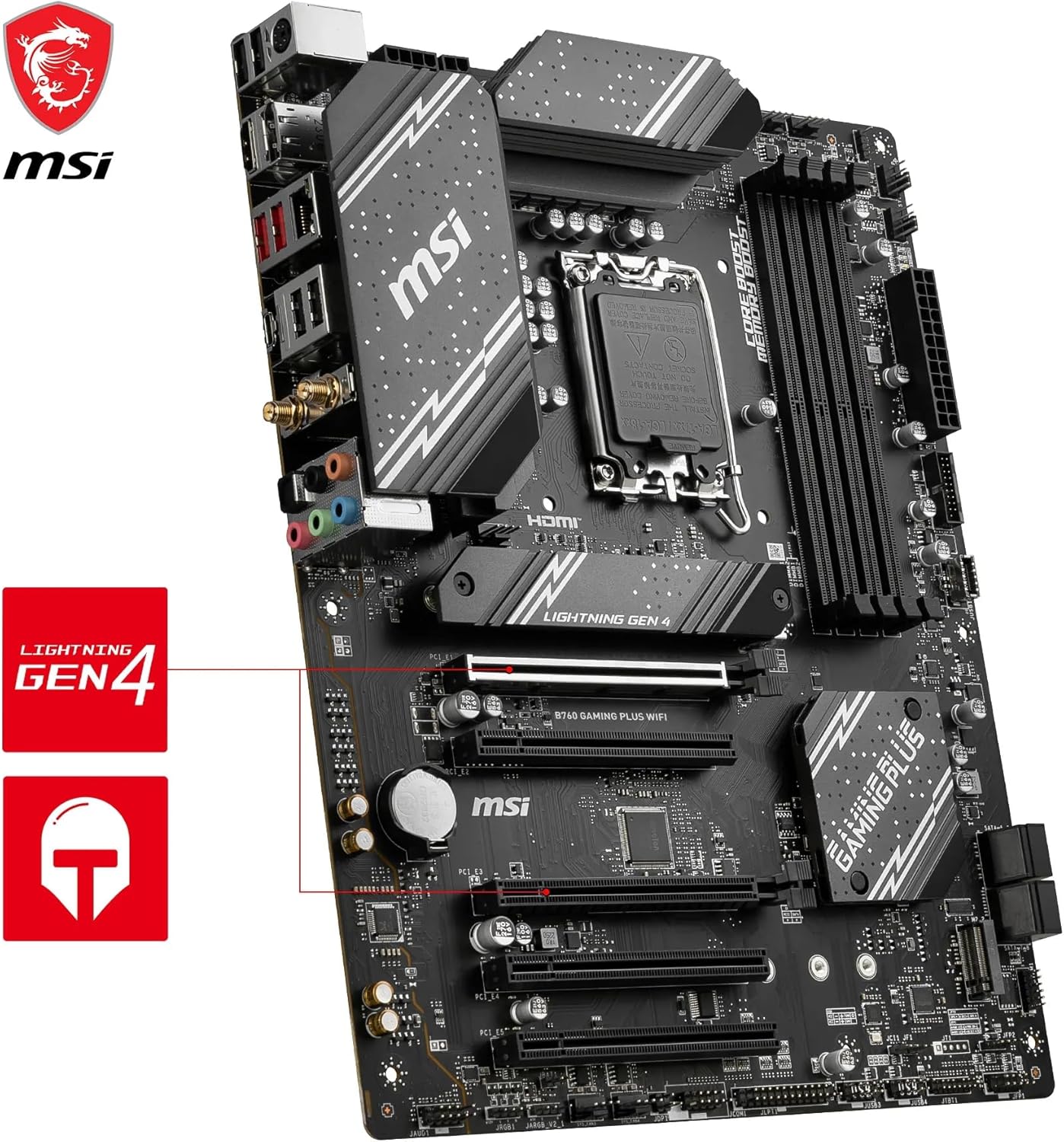 MSI B760 Gaming Plus WiFi DDR5 LGA 1700 ATX Motherboard – Intel B760 Chipset, DDR5 7600+ OC, PCIe 4.0 x16, Dual M.2 Gen4 NVMe, Wi‑Fi 6E & Bluetooth, 2.5G LAN, USB‑C 10Gbps, HDMI & DisplayPort MSI