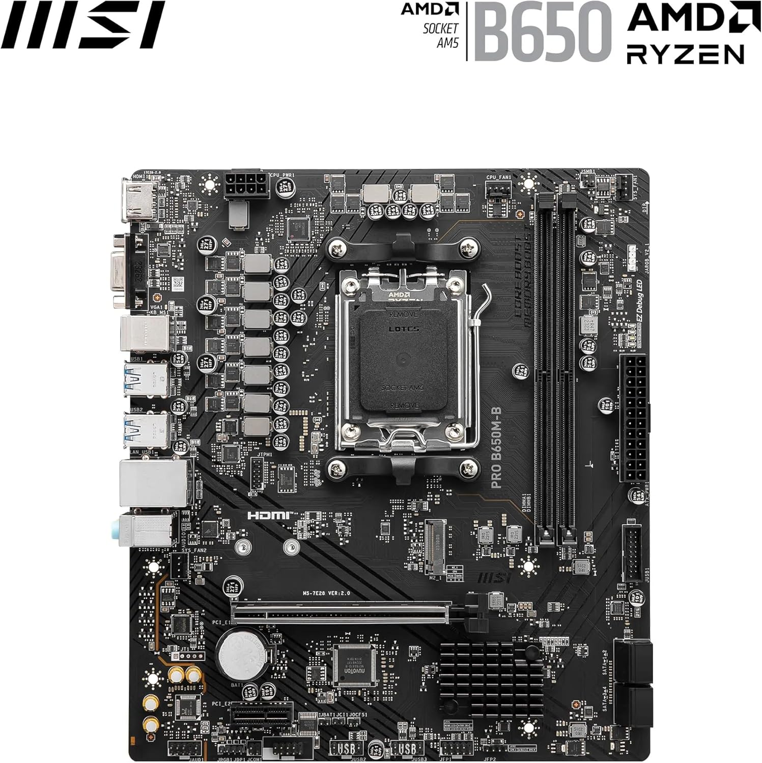 MSI PRO B650M‑B AM5 DDR5 Micro‑ATX Motherboard – AMD B650 Chipset, PCIe 4.0 x16, DDR5 7200+ OC, Dual M.2 Gen4 NVMe, 2.5G LAN, USB‑C 10Gbps, HDMI 2.1 & DisplayPort for Ryzen 7000/8000/9000 Series MSI