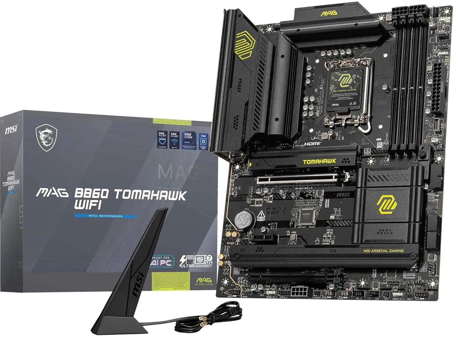 MSI MAG B860 TOMAHAWK WIFI DDR5 LGA 1851 ATX Motherboard – Intel B860 Chipset, DDR5 8800+ OC, PCIe 5.0 x16, Dual Gen5 M.2 NVMe, Wi‑Fi 7 & Bluetooth 5.4, 2.5G LAN, USB‑C 20Gbps, HDMI2.1 & DisplayPort MSI