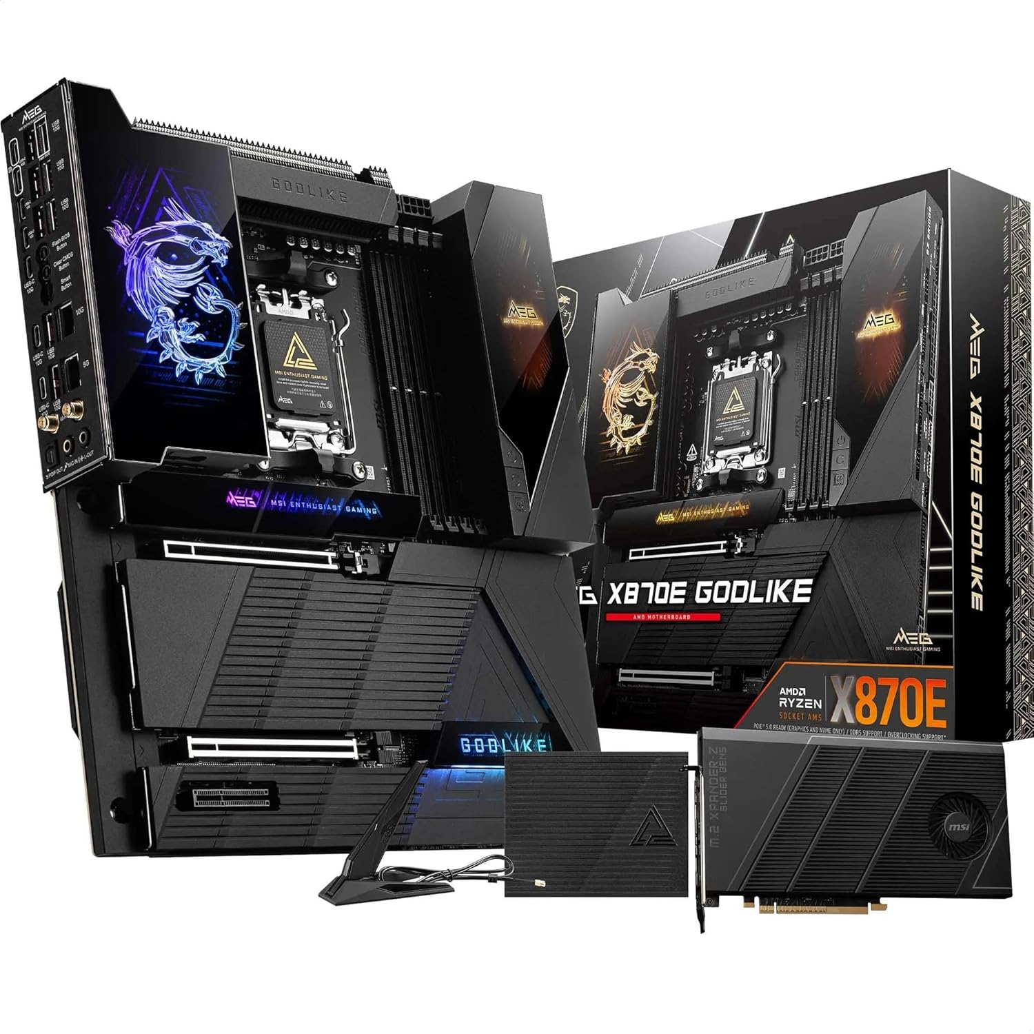 MSI MEG X870E GODLIKE AM5 DDR5 E‑ATX Motherboard – AMD X870E Chipset, PCIe 5.0, 7× M.2 Gen5+Gen4, DDR5 9200+ OC, Wi‑Fi 7, Dual 10G/5G LAN, USB4 & Ultra Connect for Ryzen 9000/8000/7000 MSI