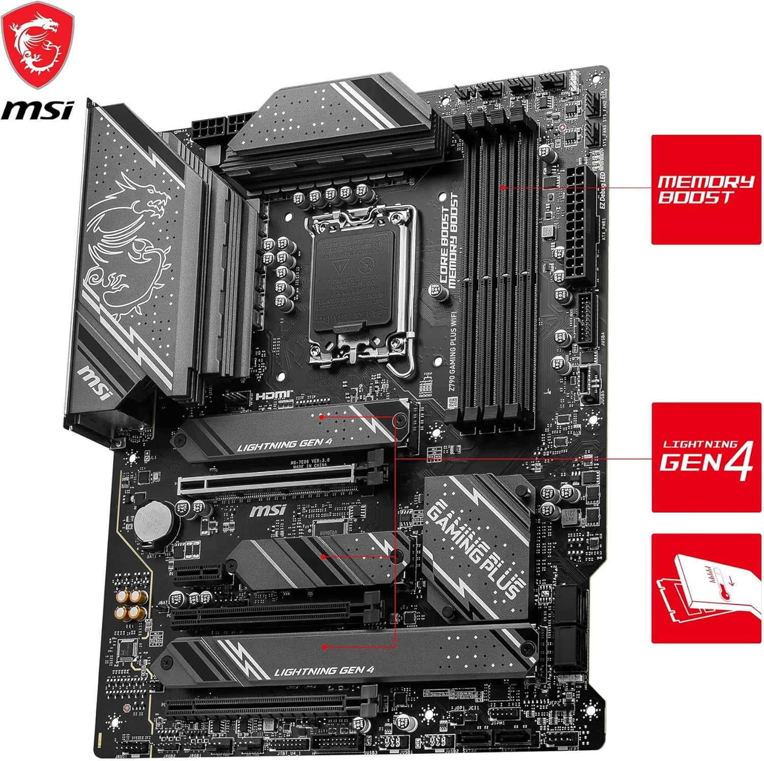 MSI Z790 GAMING PLUS WIFI Motherboard – Intel Z790 Chipset, Supports 14th/13th Gen Intel® Core™ Processors, DDR5, PCIe 5.0, Wi-Fi 6E, 2.5G LAN, Lightning Gen 5 M.2, Extended Heatsink, Frozr AI Cooling, Mystic Light RGB