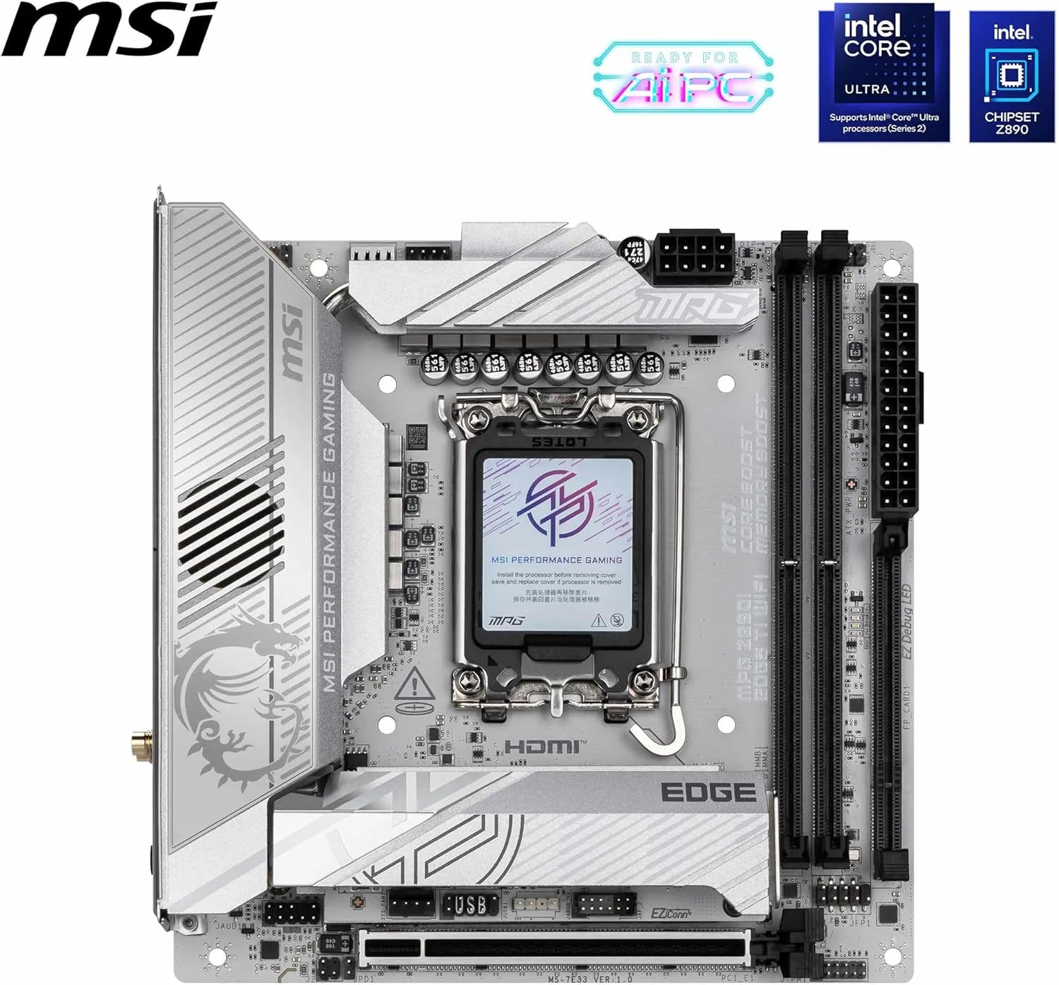 MSI MPG Z890I Edge TI WiFi DDR5 Mini-ITX Gaming Motherboard – Intel LGA 1851, PCIe 5.0, WiFi 7, High-Speed DDR5 Memory, Advanced Cooling, Compact Gaming & Productivity PC Build MSI