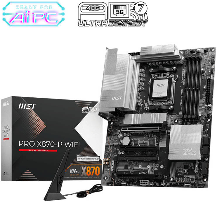 MSI PRO X870-P WIFI Motherboard – AMD X870 Chipset, Supports Ryzen 9000/7000 Series, DDR5, PCIe 5.0, Wi-Fi 7, 2.5G LAN, USB 4.0, Lightning Gen 5 M.2, Extended Heatsink, EZ Debug LED, M.2 Shield Frozr – High-Performance Professional AM5 Motherboard